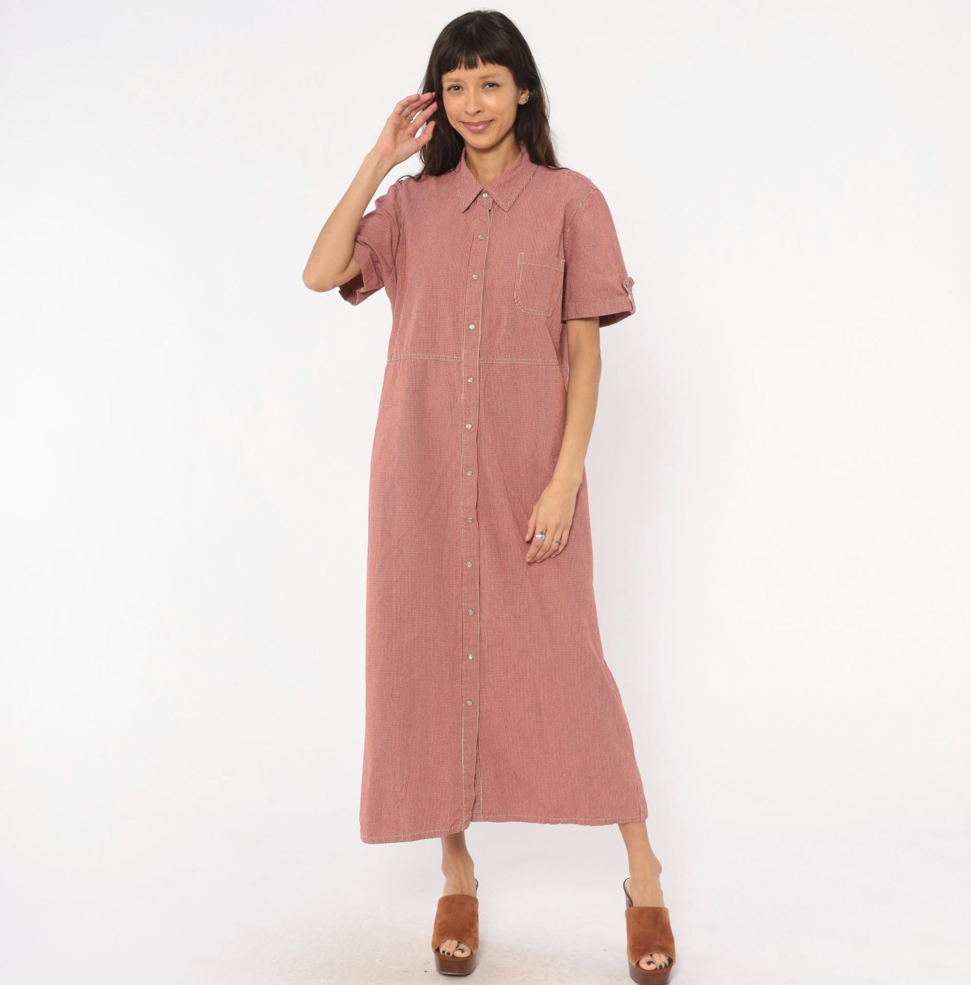90s White Stag Gingham Shirtdress Red Cream Check Cotton Maxi Extra Large