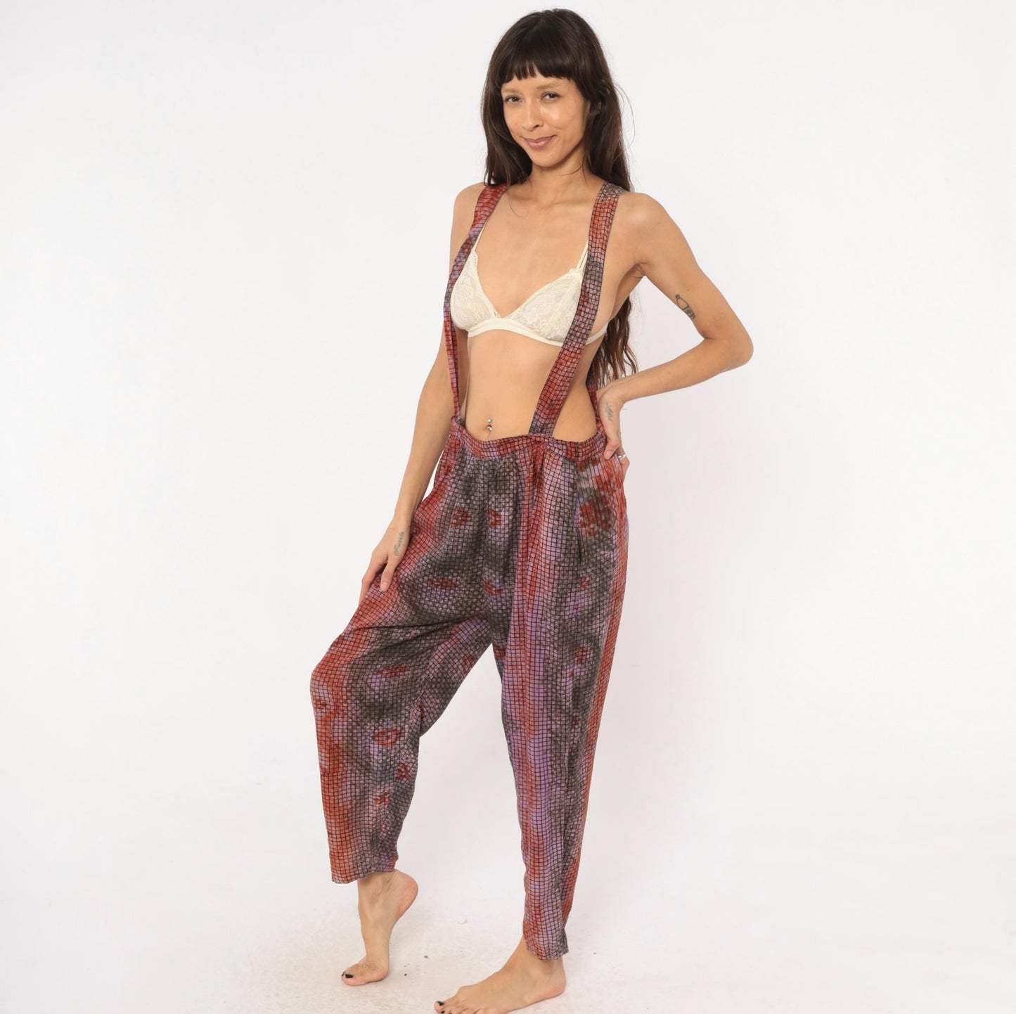 90s Tie Dye Suspender Pants Grid Print Pleated Trousers Purple Brown Medium M