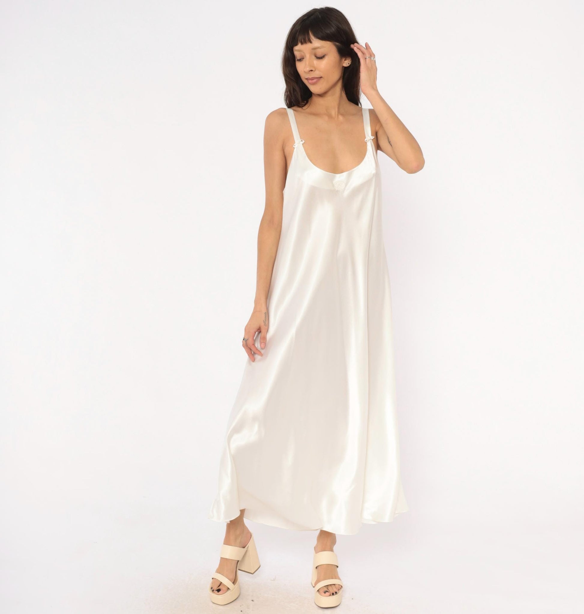 90s Oscar De La Renta Cream Satin Slip Dress Bow Detail Ankle Length Plus Size 1X