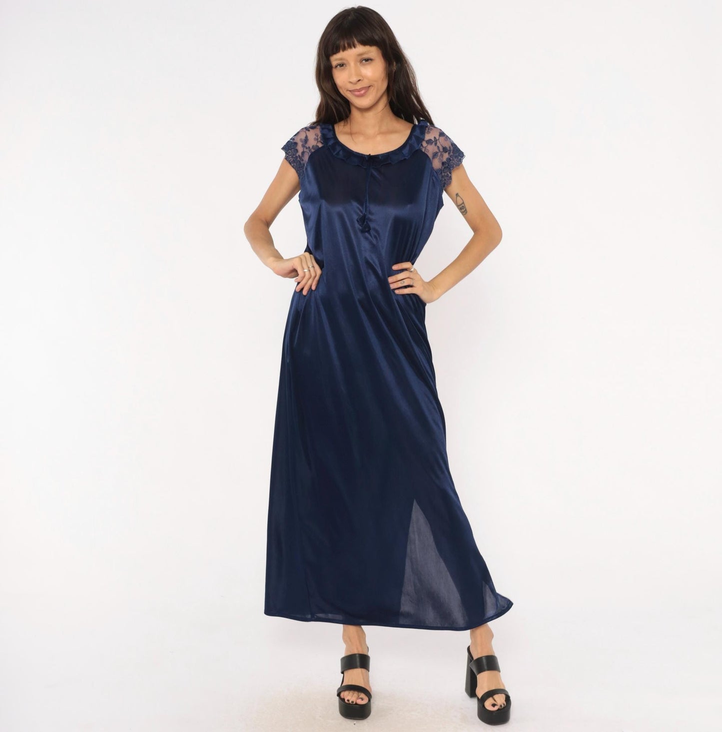 80s Navy Satin Nightgown Lace Cap Sleeve V-Neck Maxi Slip Dress Large