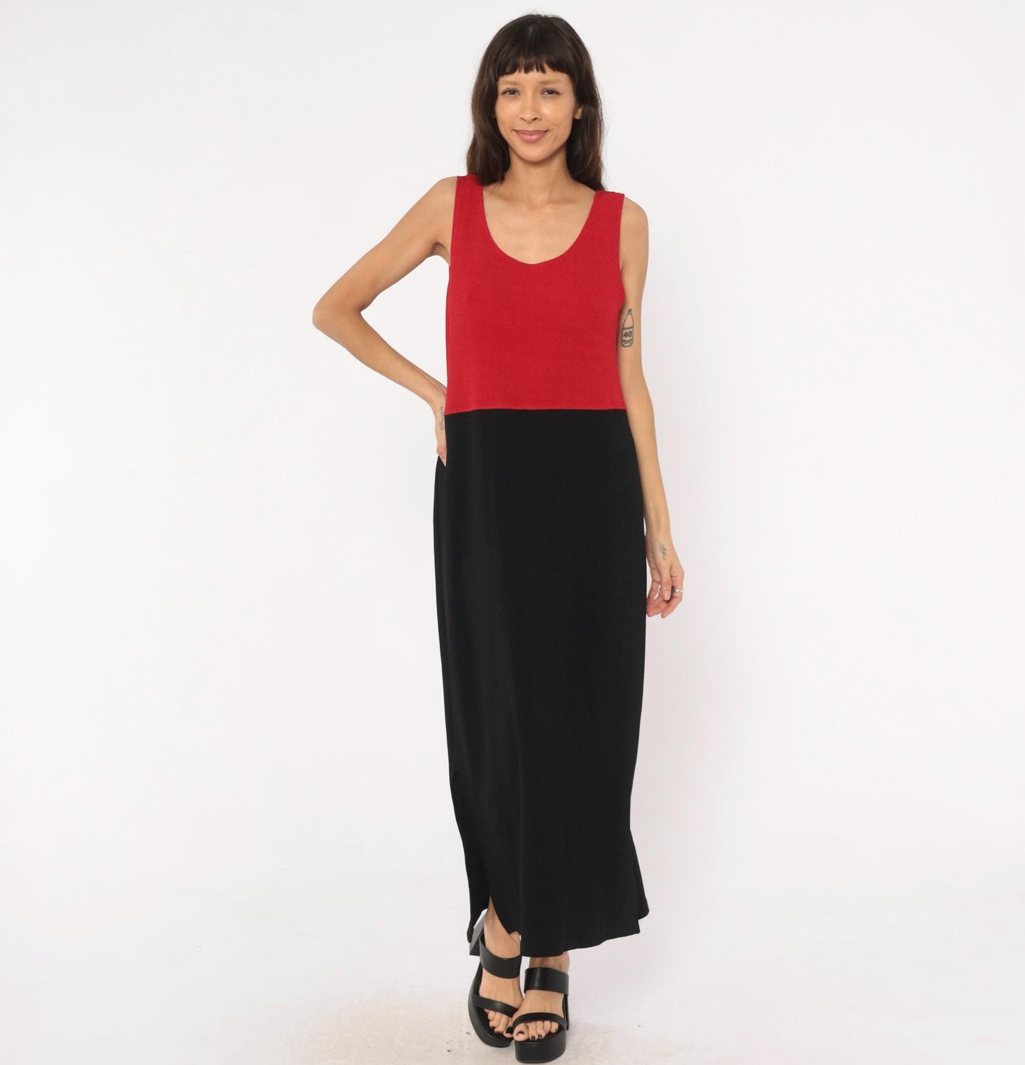 90s Positive Attitude Color Block Maxi Dress Red Black Sleeveless Large L