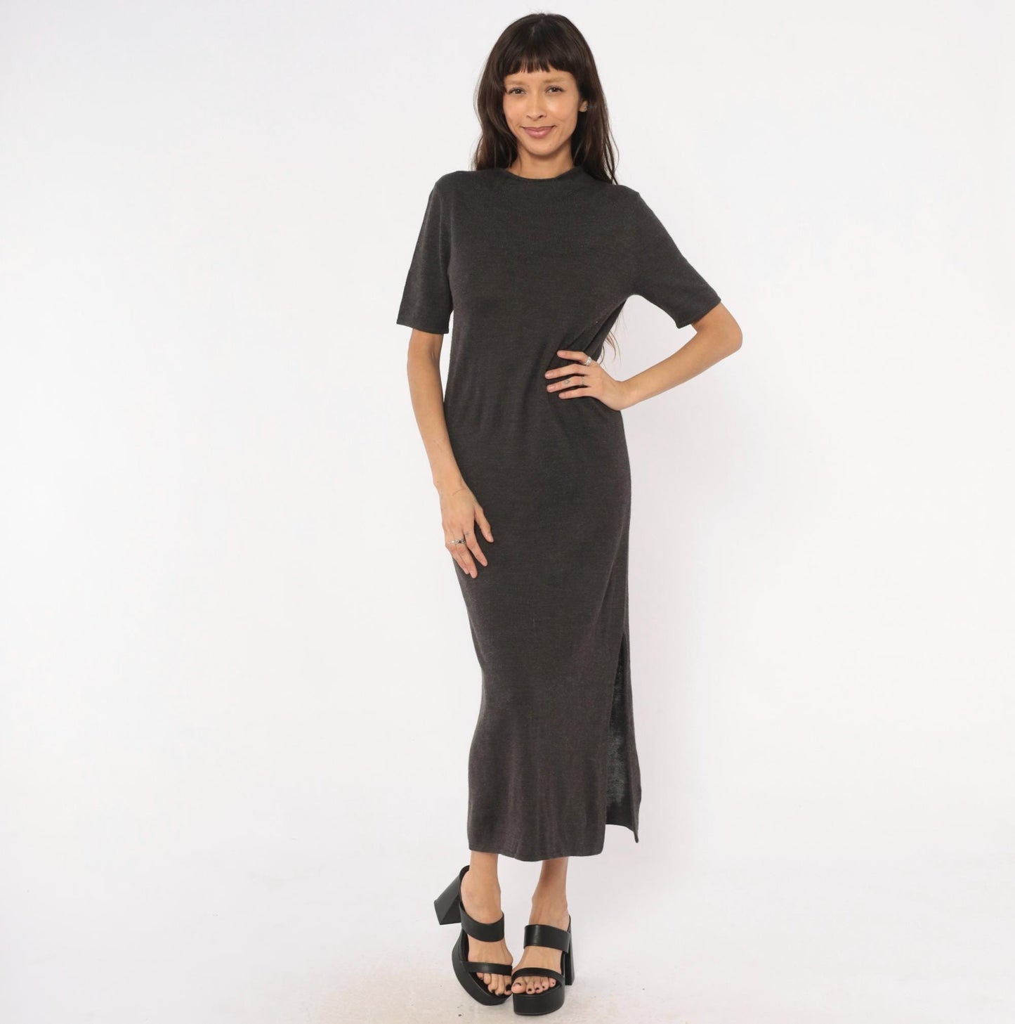 Y2K Nina Leonard Charcoal Knit Maxi Dress Short Sleeve Column Grey Small Petite