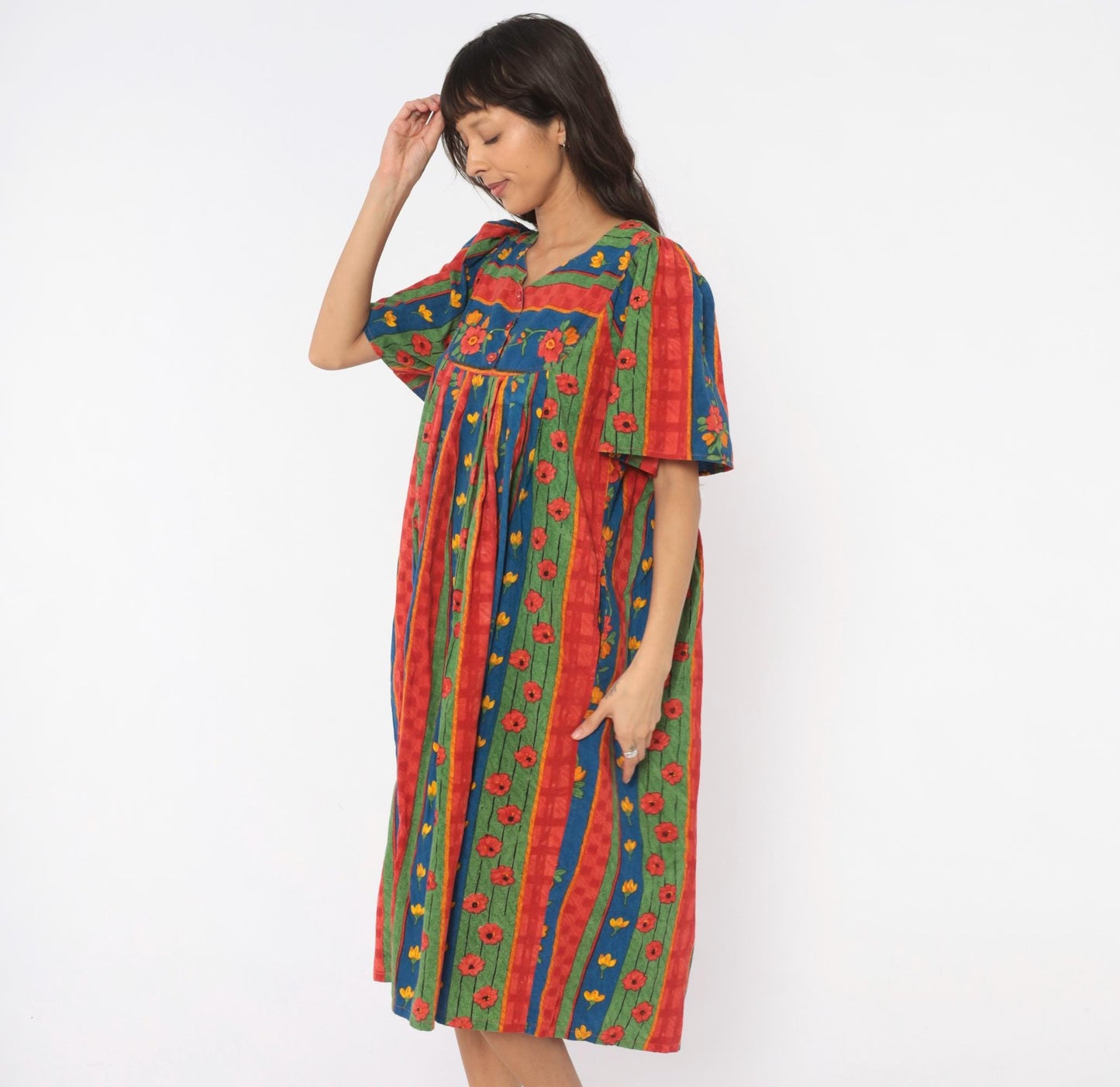 90s Floral Striped Cotton Empire Waist Dress Puff Sleeve Red Blue Green Medium
