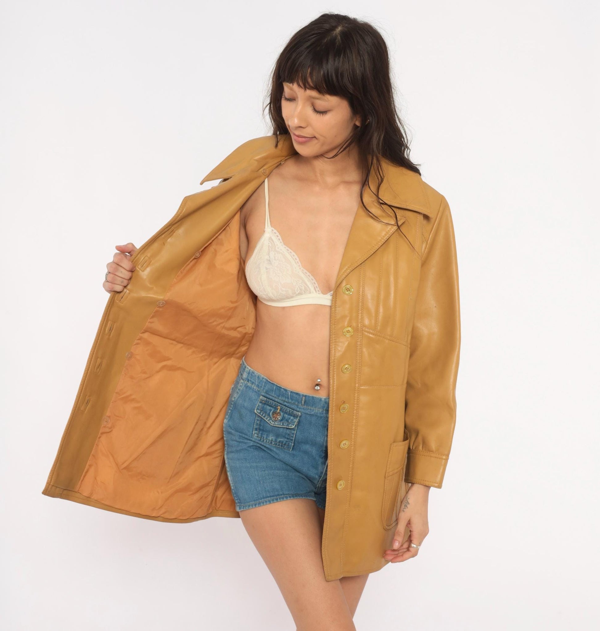 70s Mod-Maid Vinyl Coat Tan Button Front Notched Collar Mini Trench Large L