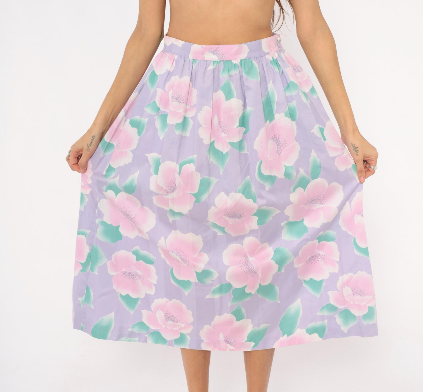 80s Prophecy Floral Midi Skirt Lavender Pink Rose Print Cotton Medium M