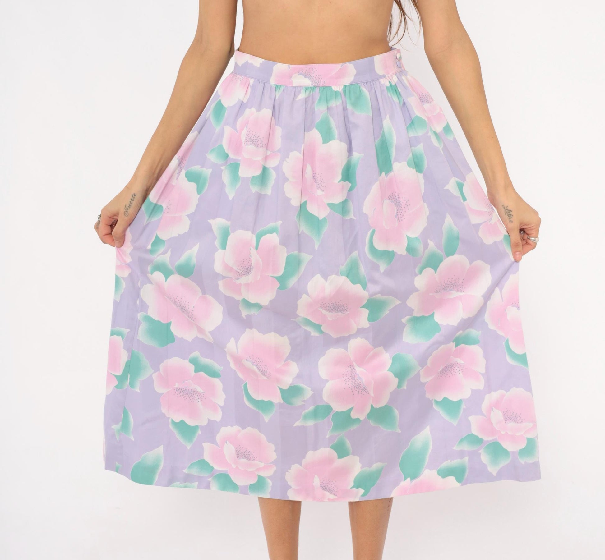 80s Prophecy Floral Midi Skirt Lavender Pink Rose Print Cotton Medium M