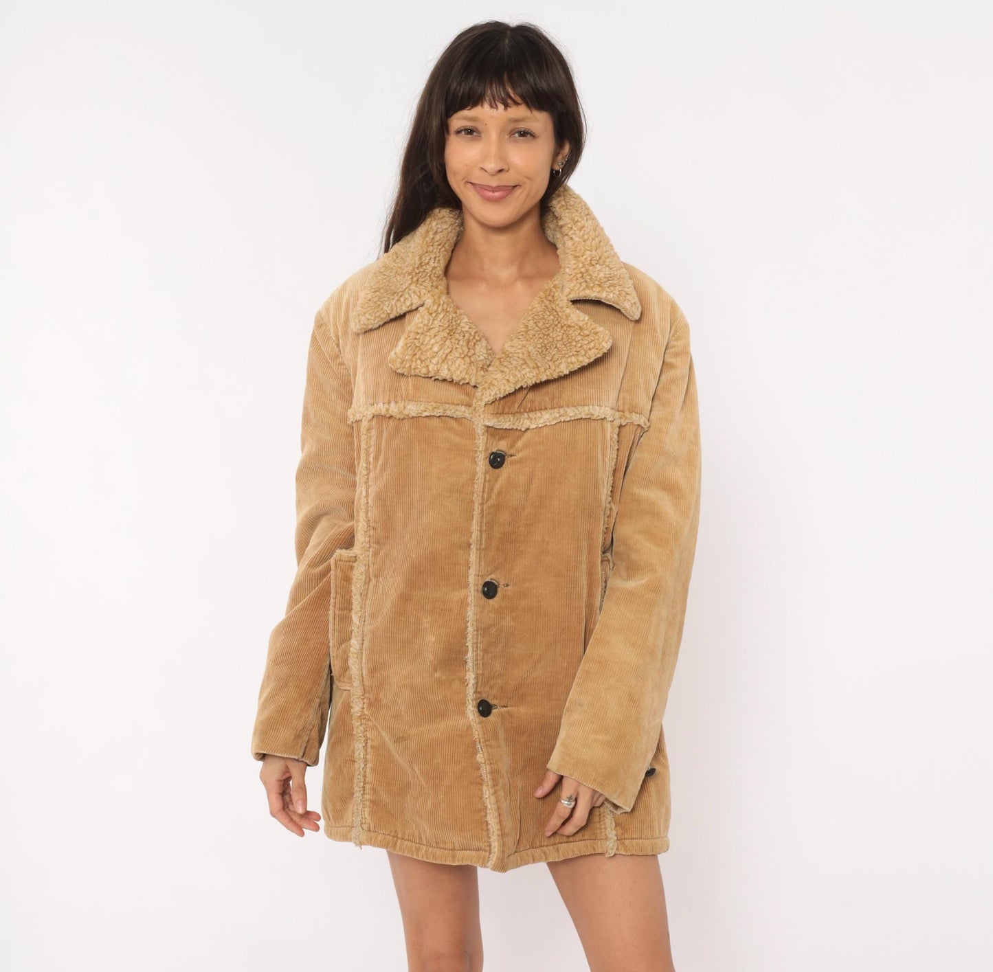 70s JCPenney Tan Corduroy Sherpa Coat Button Front Jacket Medium M