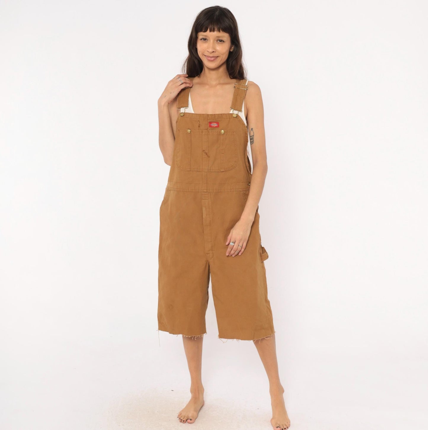 Dickies Canvas Bib Shortalls Cut-Off Shorts Tan Cargo Workwear Large L