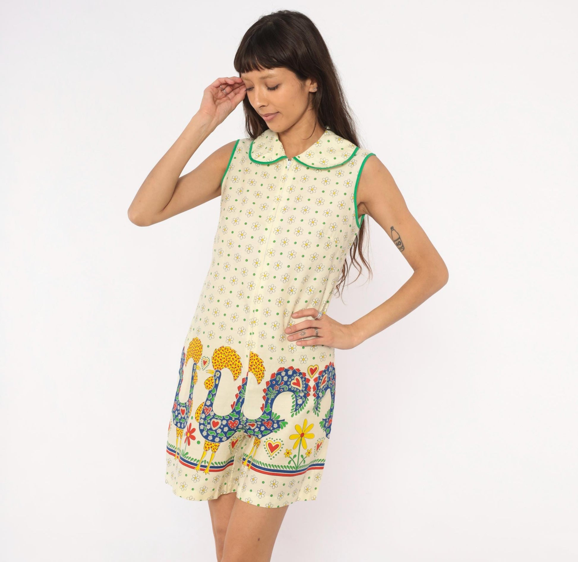 70s Gaymode Penneys Rooster Romper Daisy Print Peter Pan Collar Yellow Small