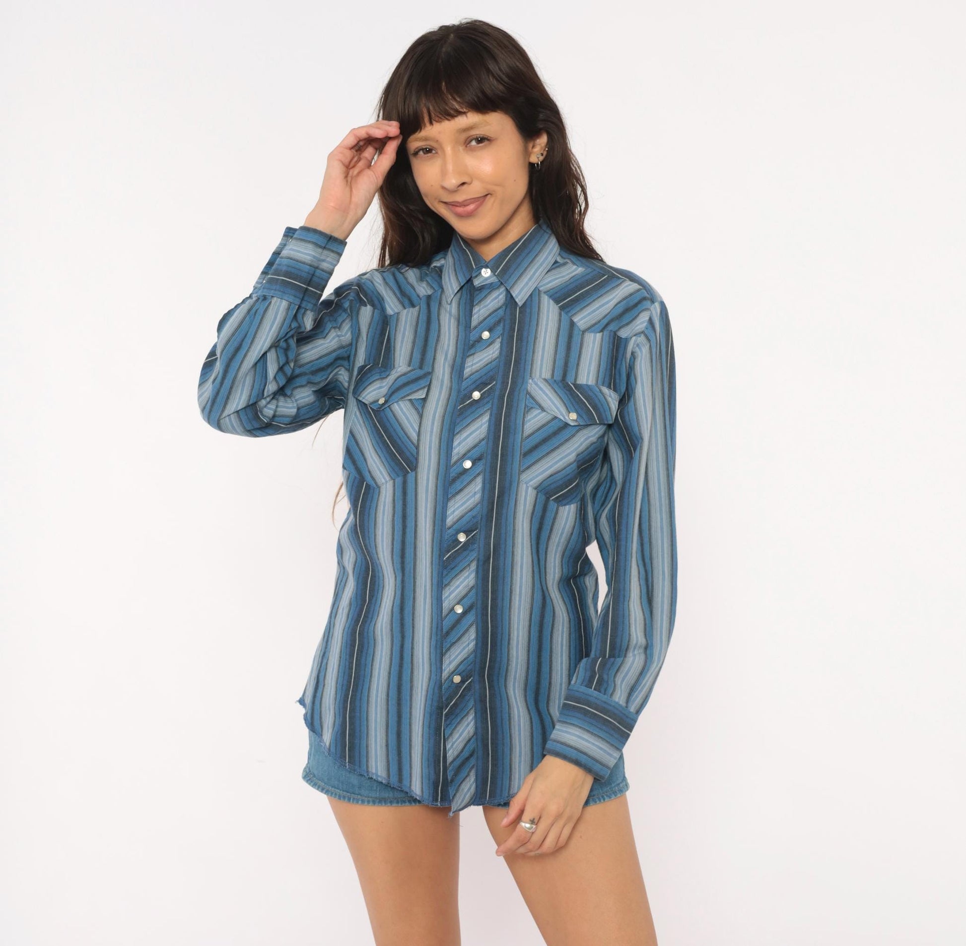 90s Wrangler Western Shirt Blue Striped Pearl Snap Pointed Collar Small S
