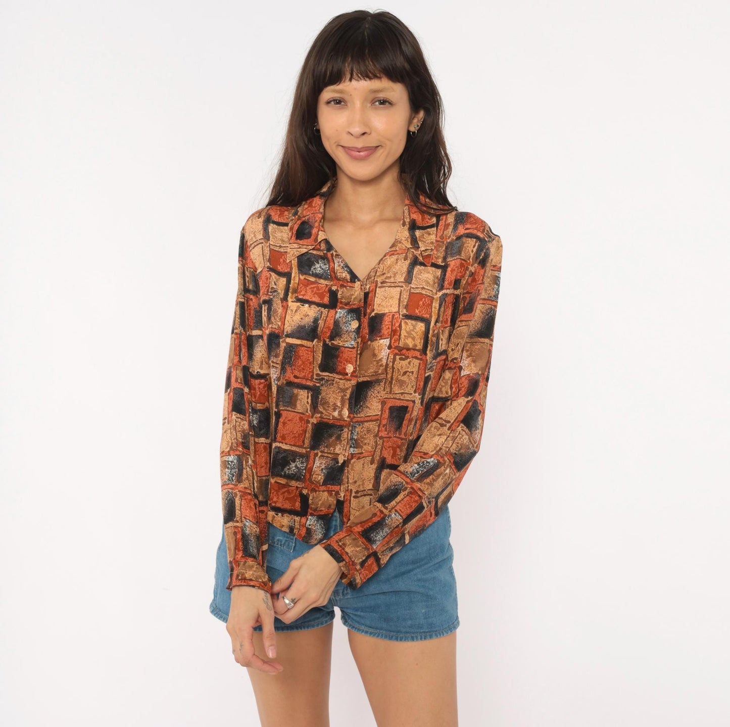 90s Quo-Silk Abstract Geometric Silk Blouse Cropped Rust Tan Small S