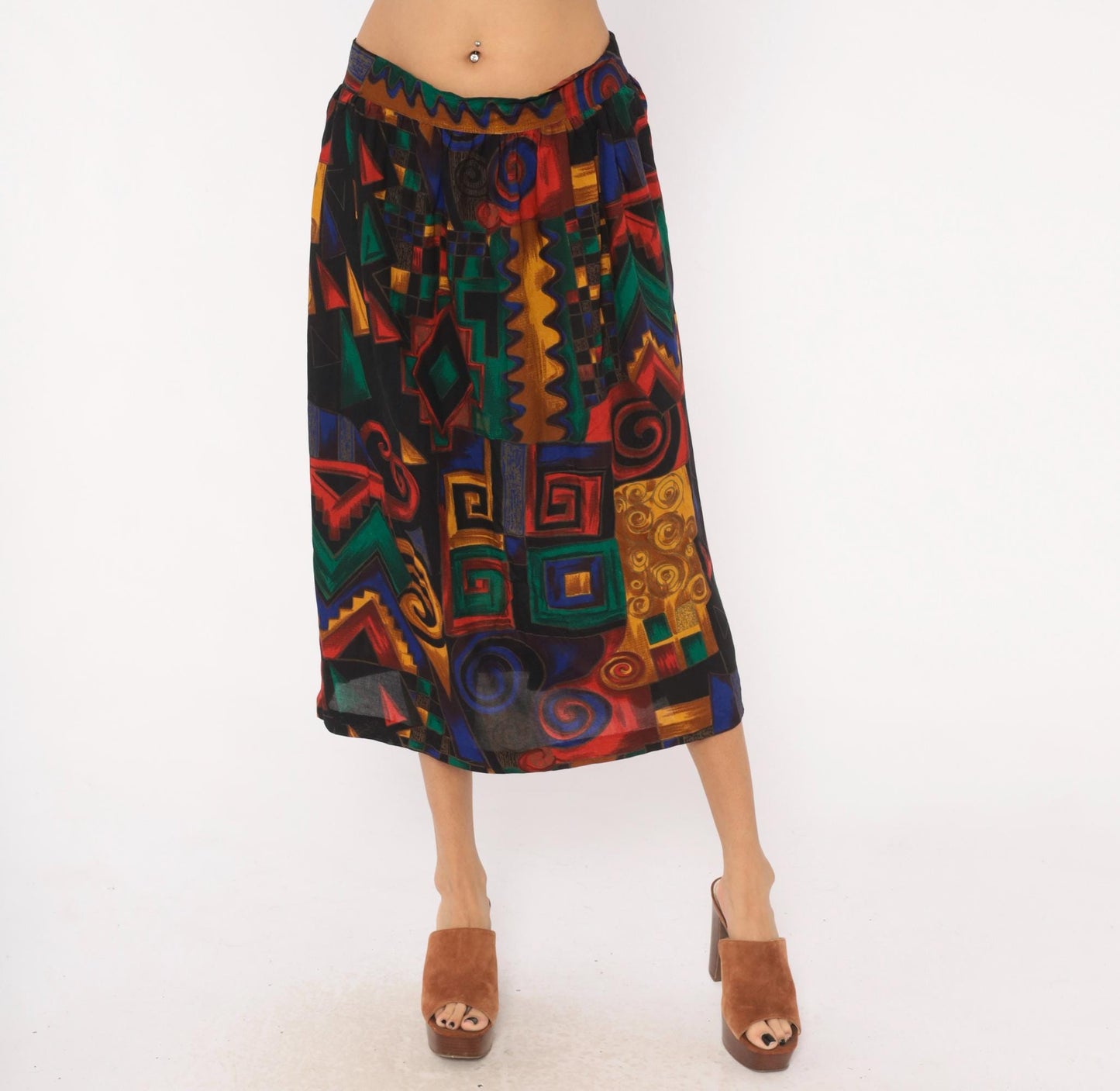 90s Kenneth Mitchell Midi Skirt Geometric Spiral Print Multicolor Size 20W