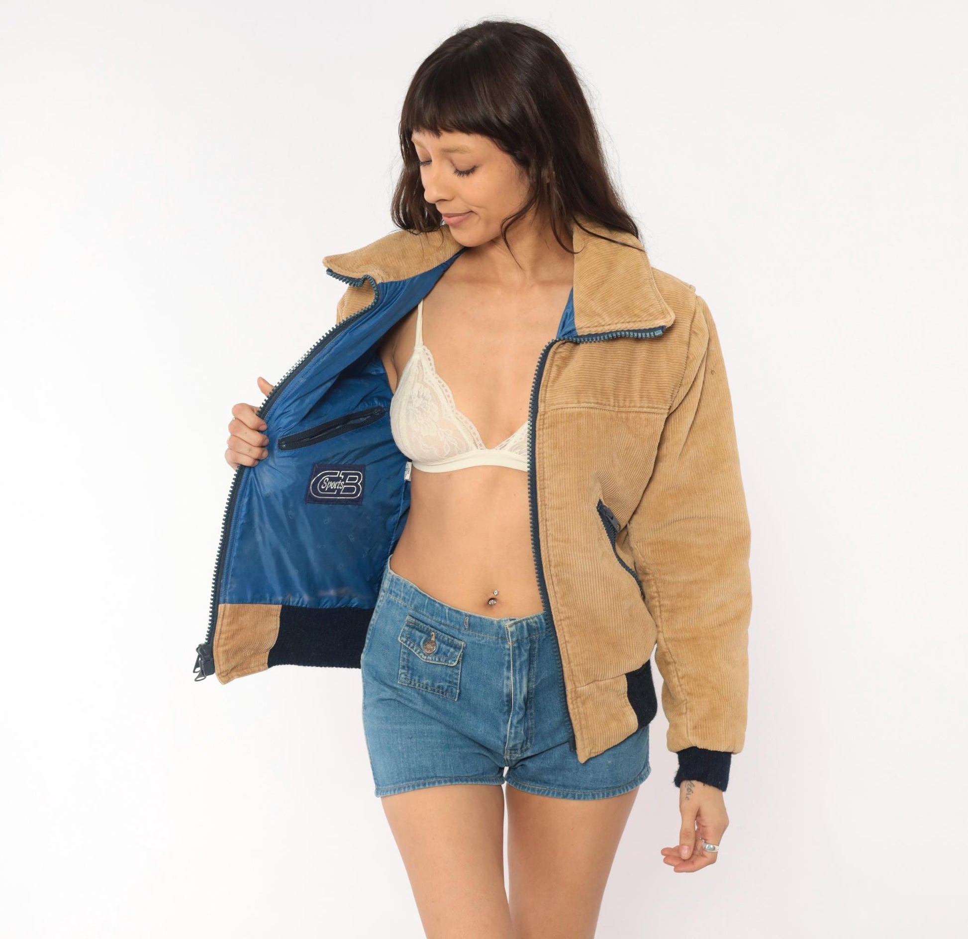 70s Sports B Corduroy Bomber Jacket Tan Quilted Padded Small S