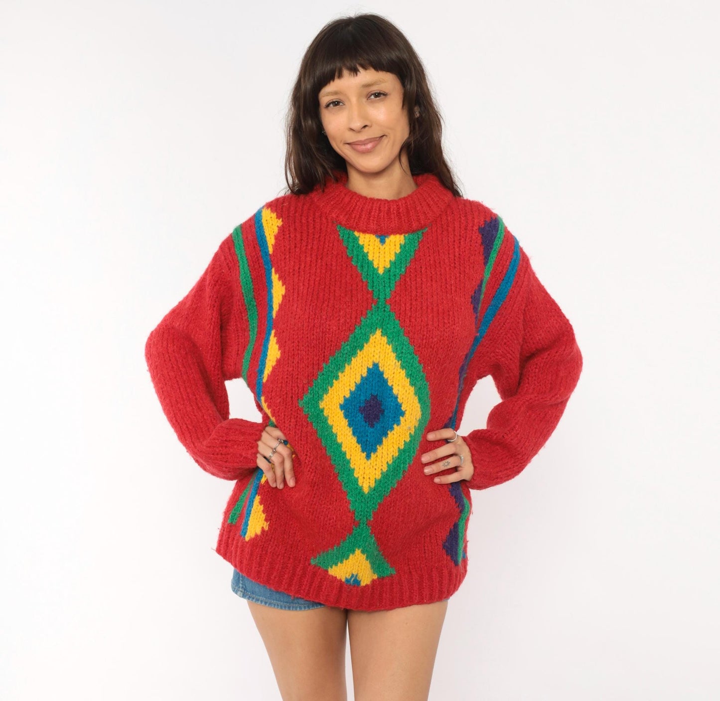 90s Willow Bay Southwestern Diamond Knit Pullover Red Green Blue Medium
