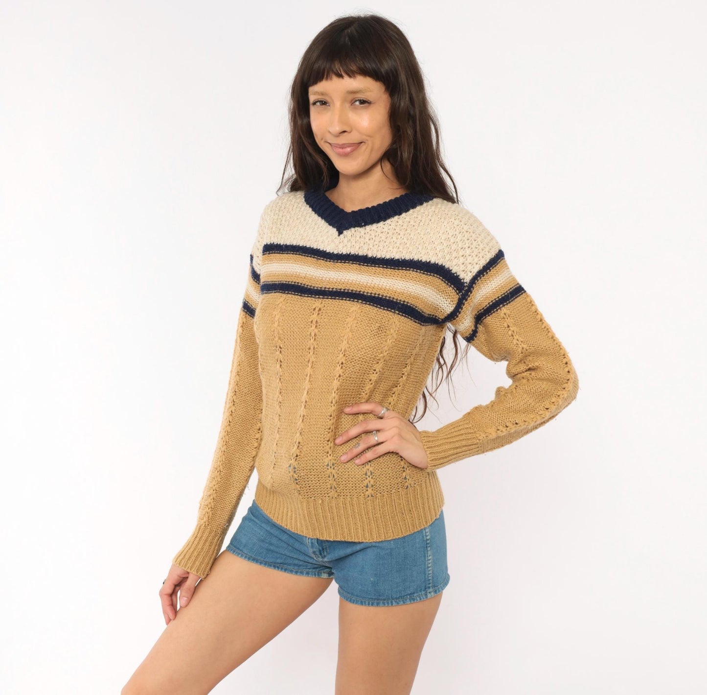 70s Fully Fashioned Cable Knit V-Neck Sweater Tan Navy Cream Striped Small