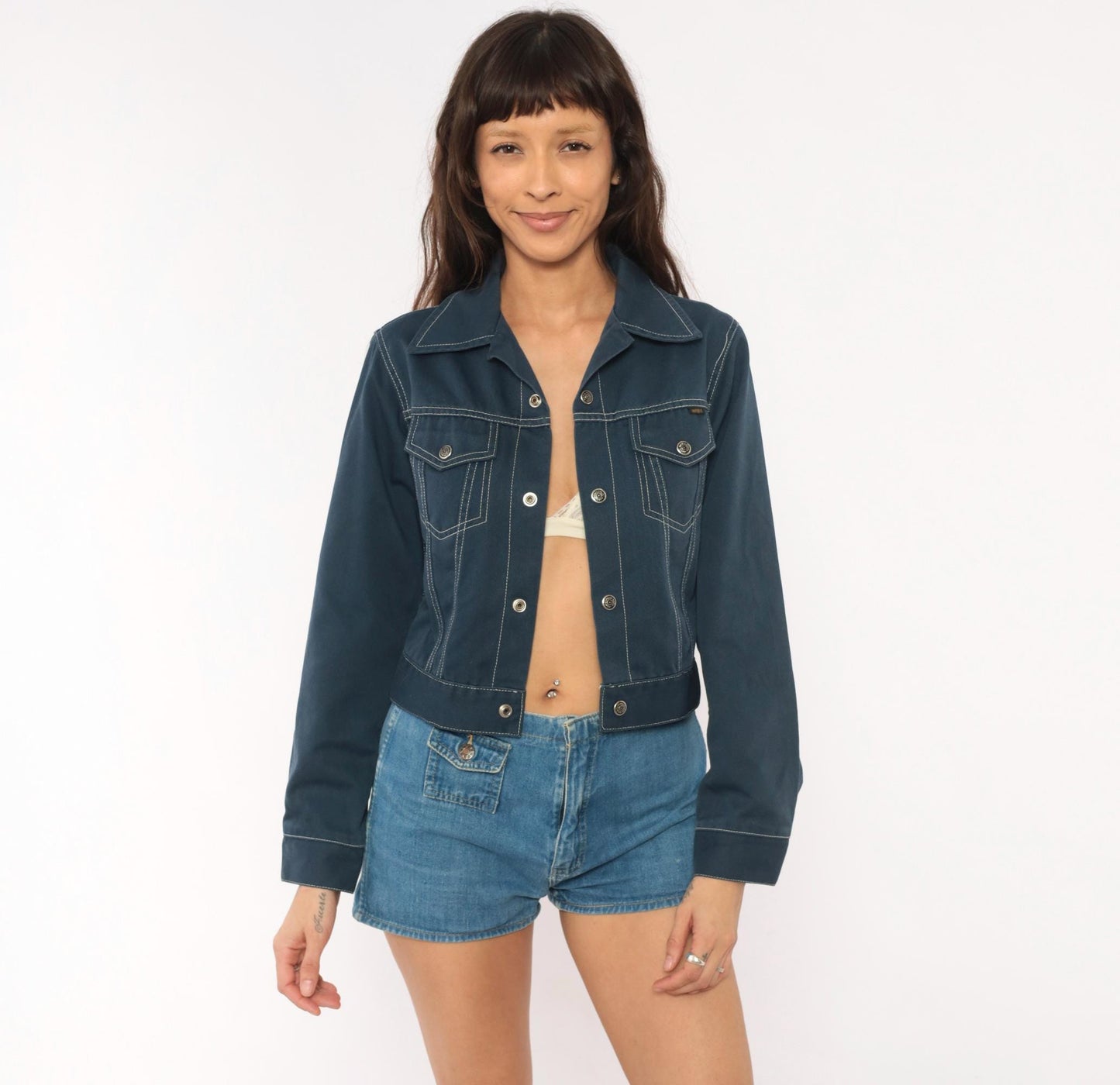 70s Montgomery Ward Cropped Trucker Jacket Navy Snap Front Pointed Collar XXS