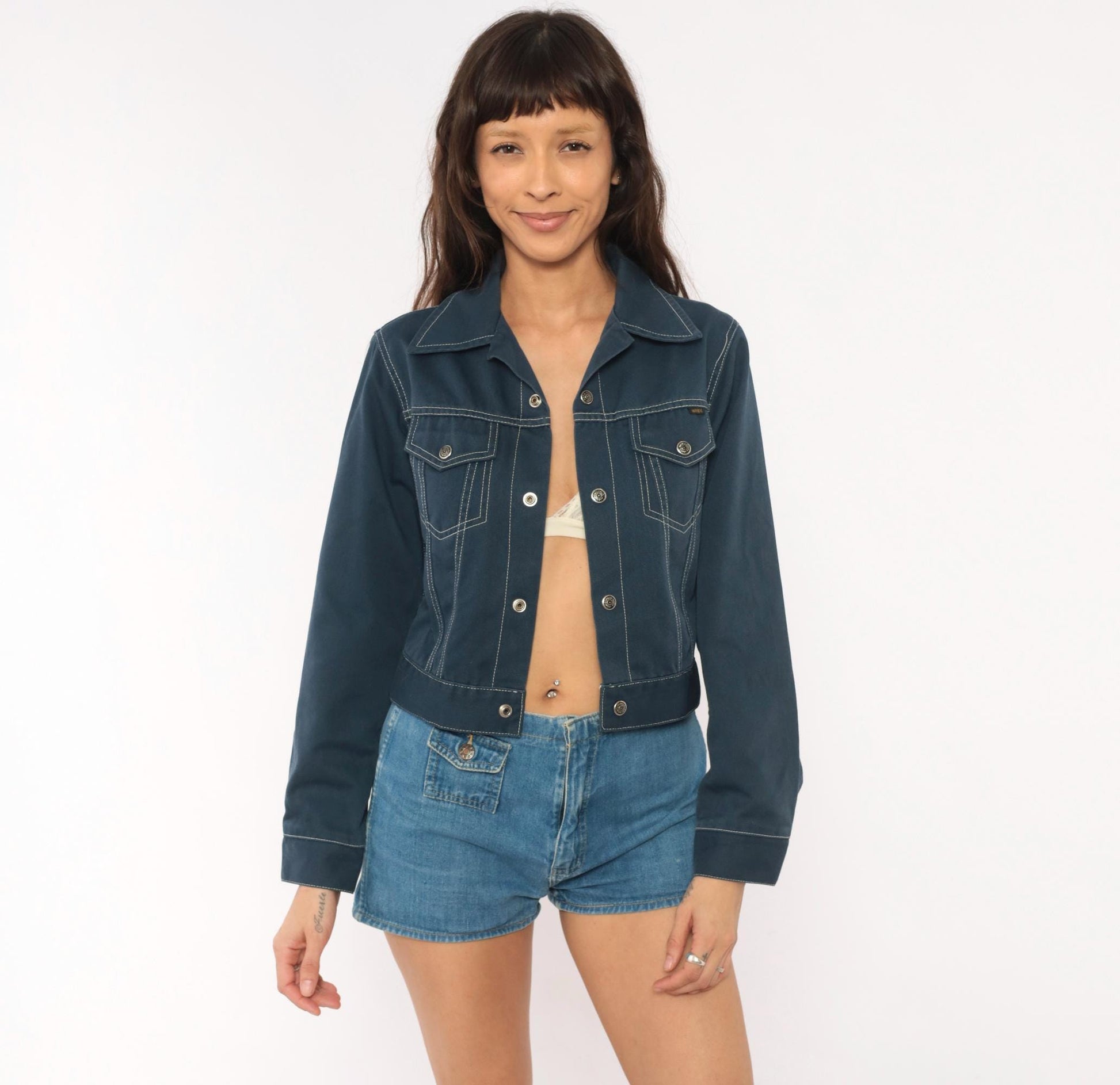 70s Montgomery Ward Cropped Trucker Jacket Navy Snap Front Pointed Collar XXS