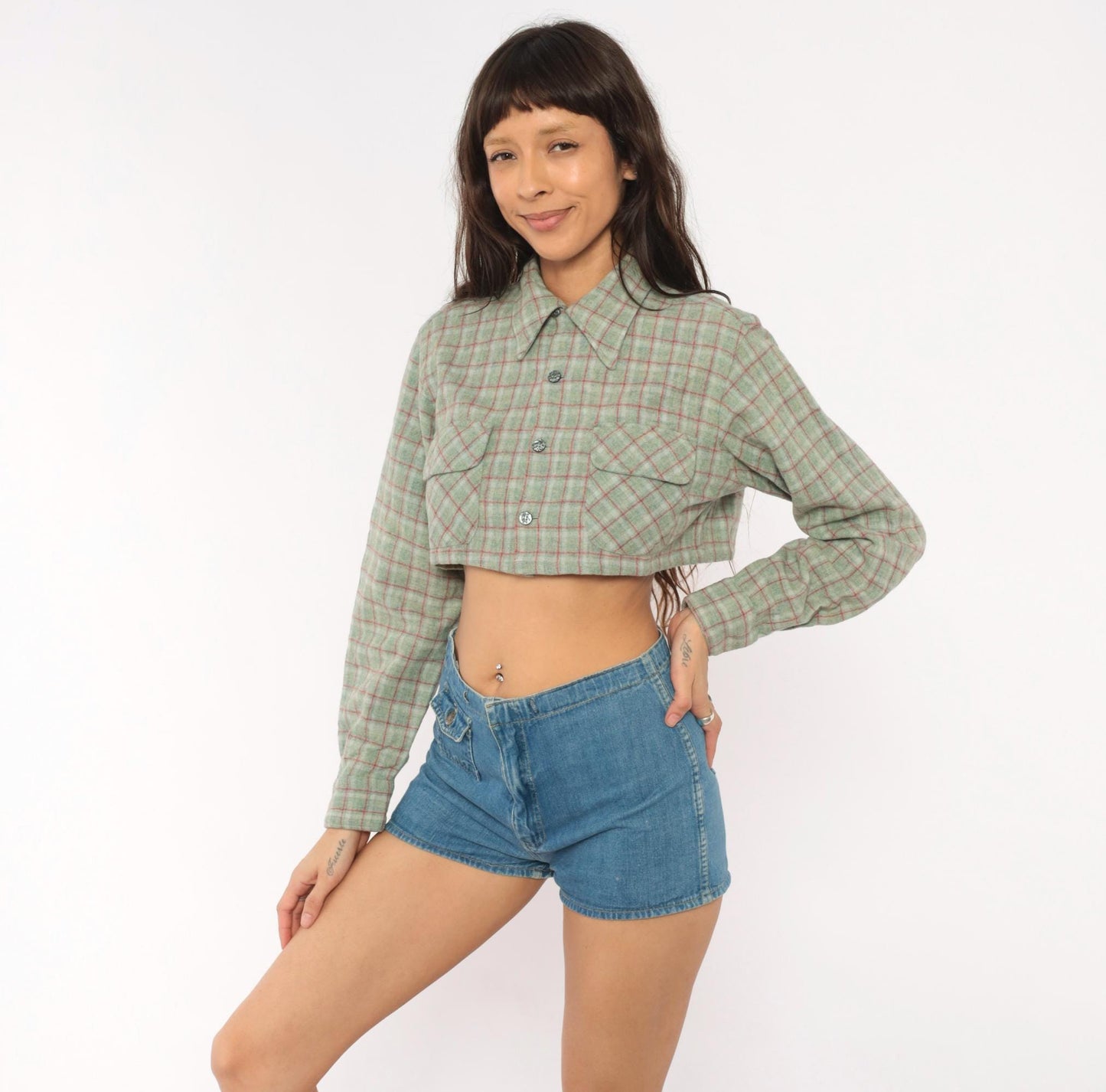 60s Towncraft Cropped Plaid Wool Shirt Sage Green Red Windowpane Medium