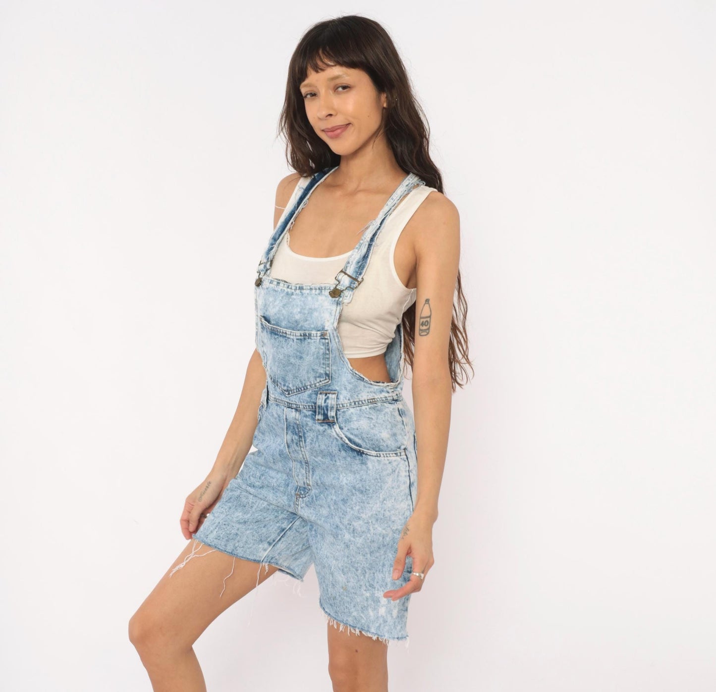90s Weathered Blues Acid Wash Denim Shortalls Light Blue Cotton Small S