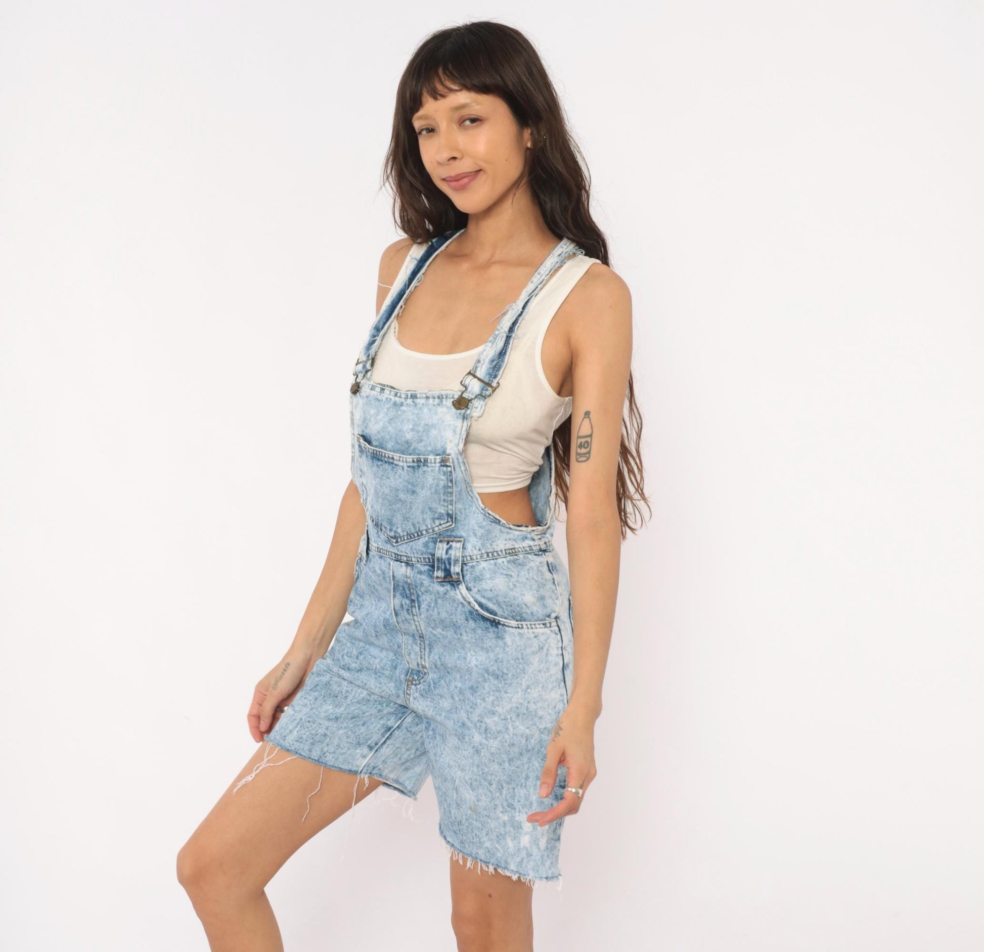 90s Weathered Blues Acid Wash Denim Shortalls Light Blue Cotton Small S