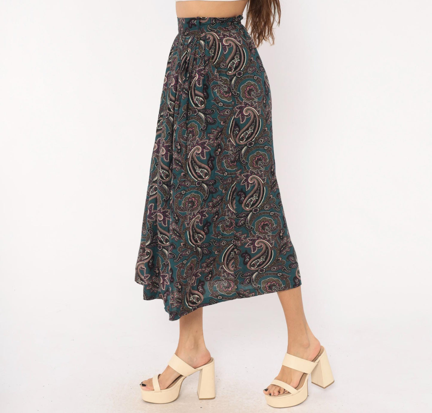 90s Words Paisley Pleated Midi Skirt Teal Pink Olive Extra Small XS