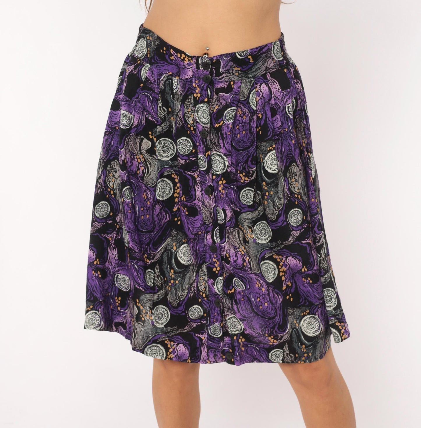 90s A Fine Line Abstract Swirl Mini Skirt Purple Button Front Small