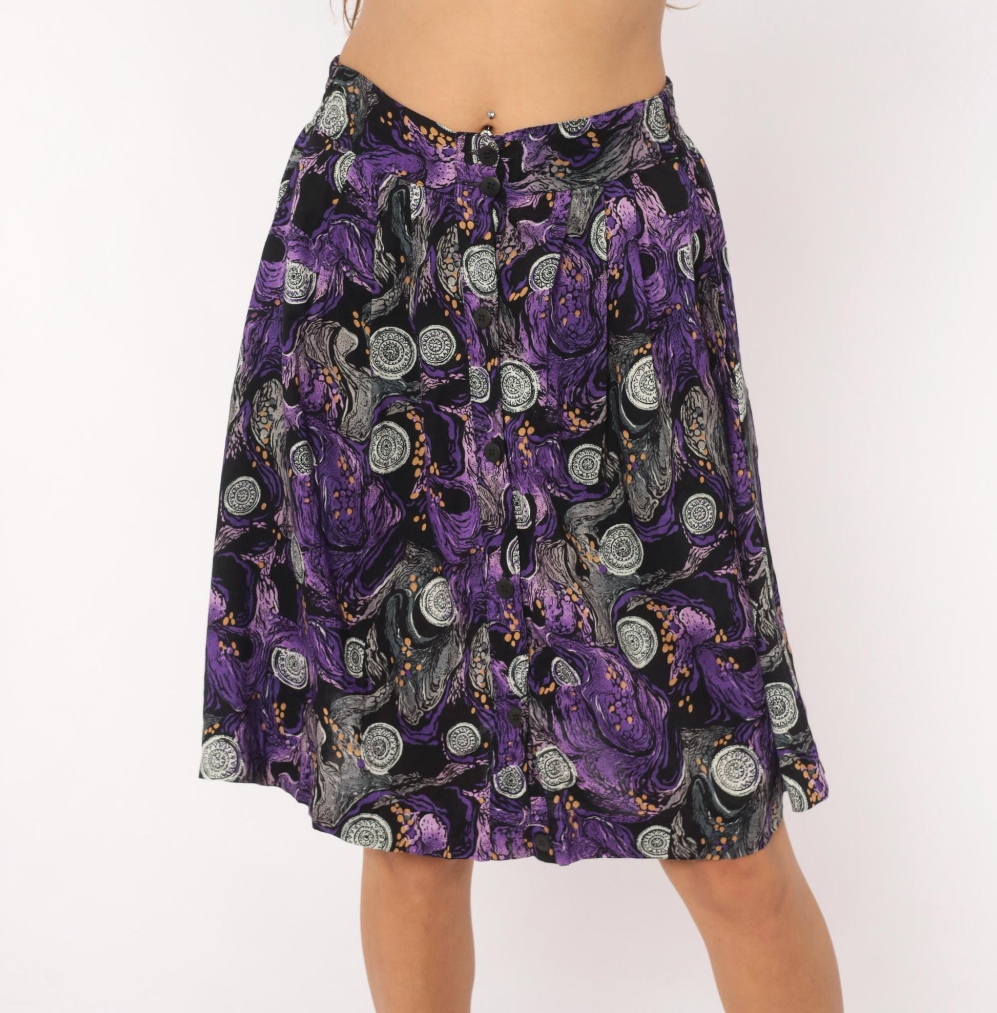 90s A Fine Line Abstract Swirl Mini Skirt Purple Button Front Small