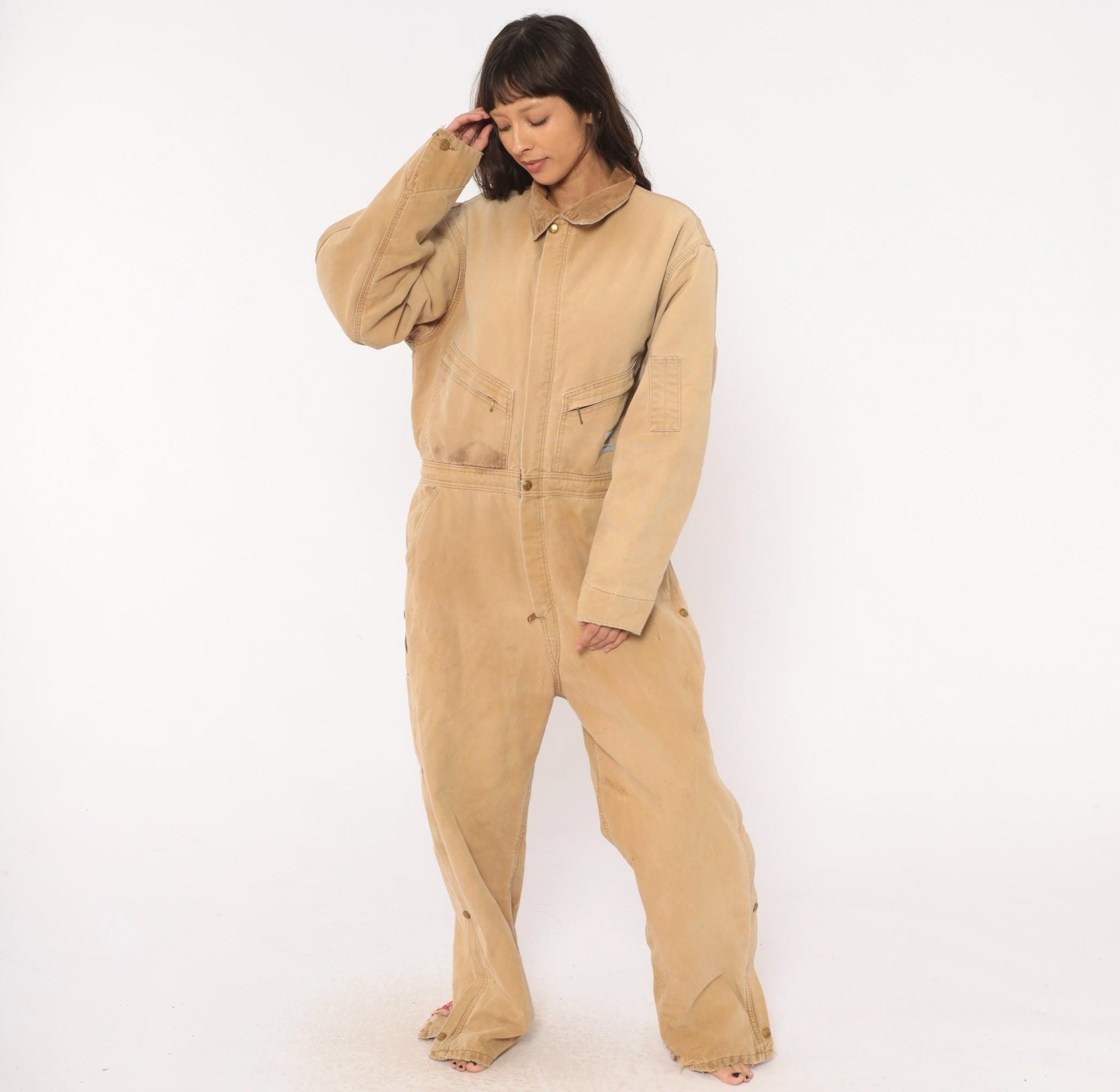 90s Carhartt Insulated Duck Canvas Coveralls Tan Distressed XXL