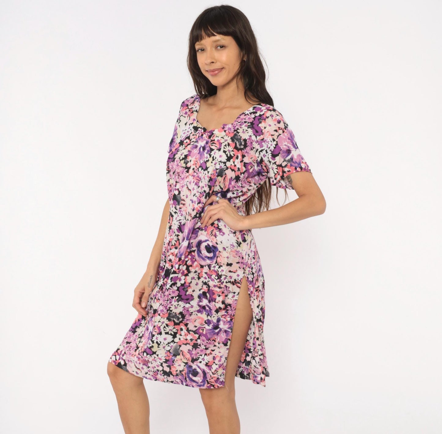 2000s Purple Floral Shift Dress Garden Print Knee-Length Medium M