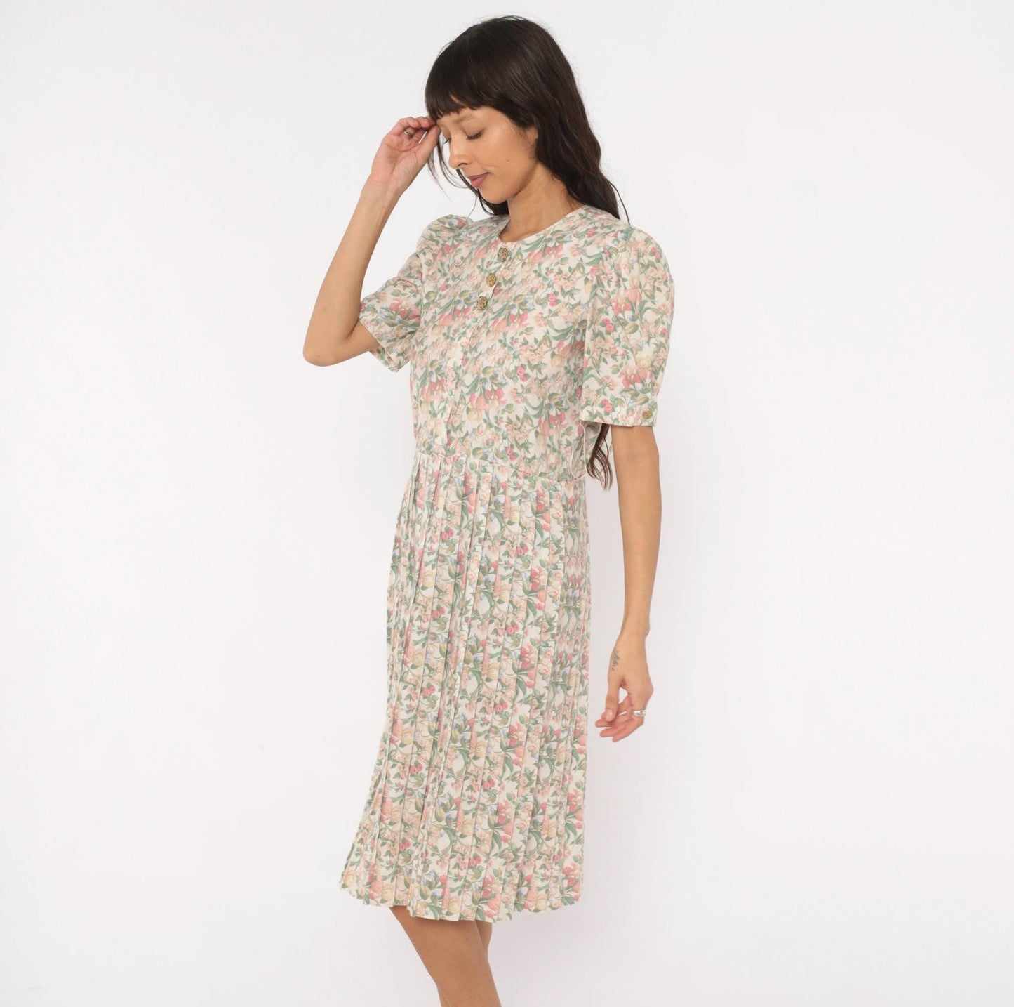 80s Jenny Petites Floral Puff Sleeve Dress Cream Pink Sage Small