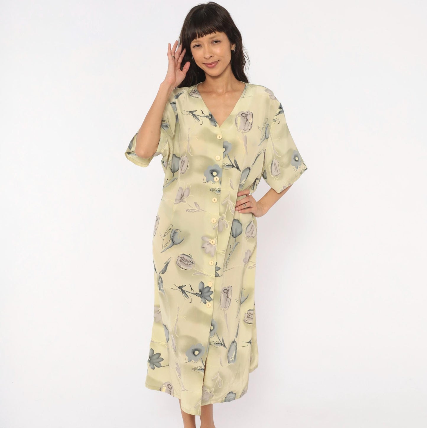 90s Voir Floral Button Front Midi Dress Olive Watercolor Print Plus Size XXL