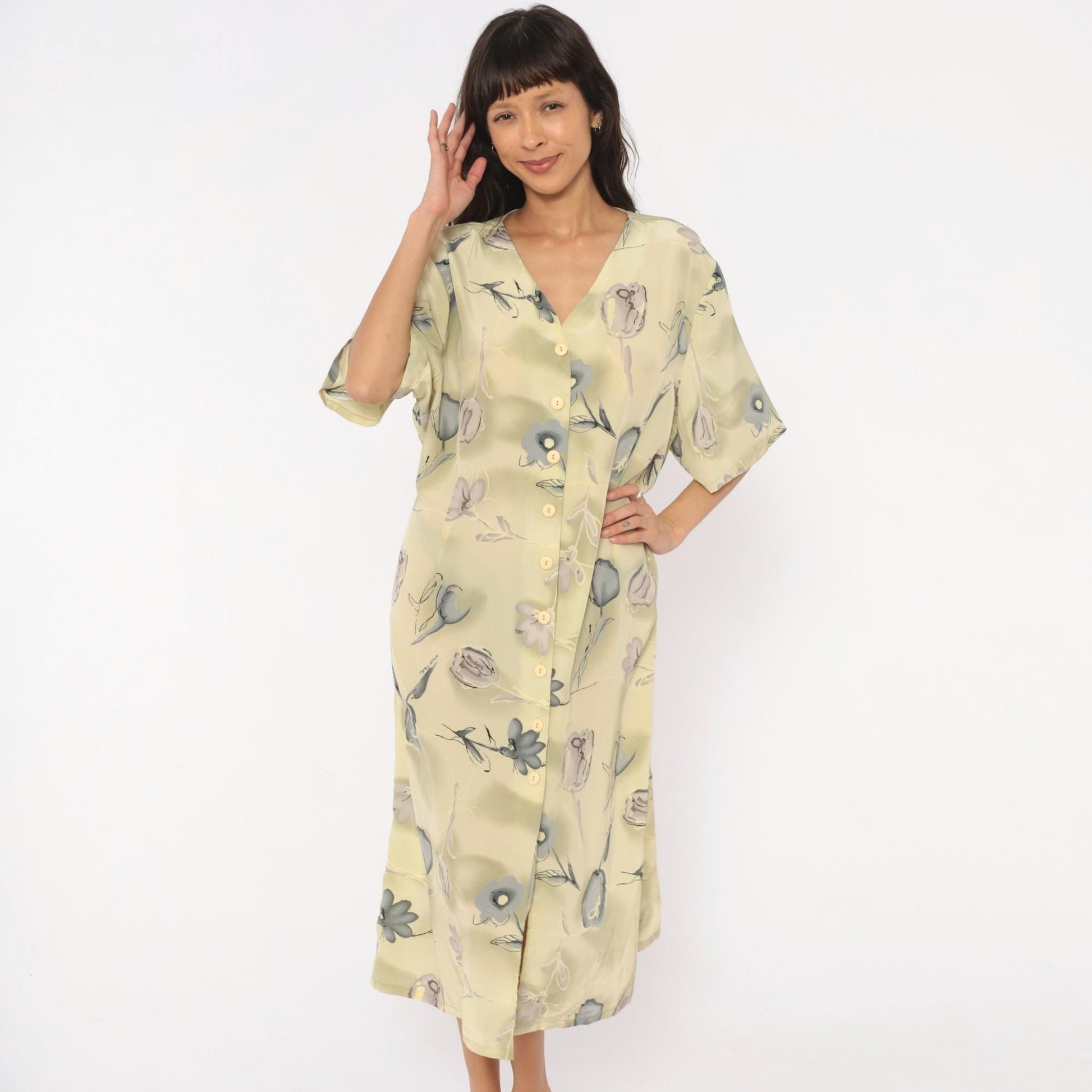 90s Voir Floral Button Front Midi Dress Olive Watercolor Print Plus Size XXL