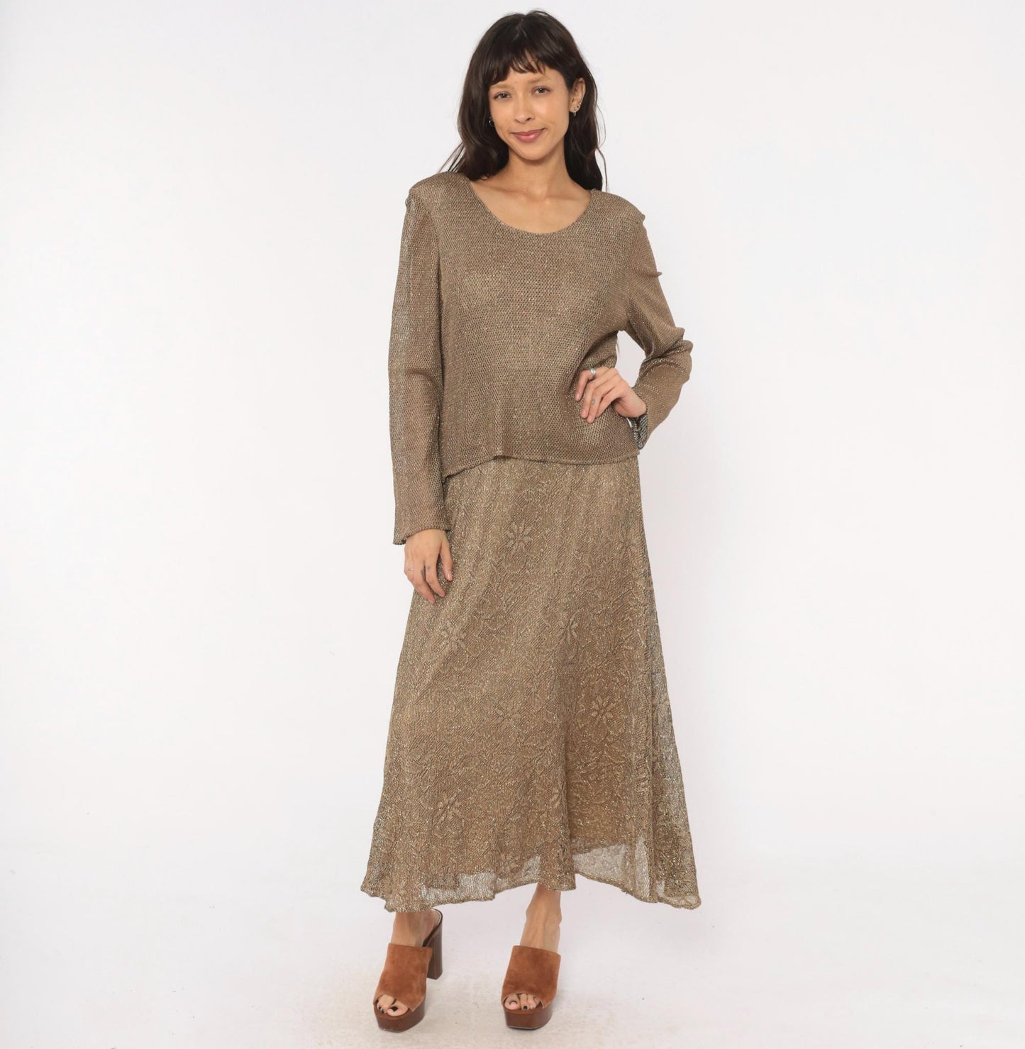 90s Onyx Nite Bronze Metallic Floral Lace Maxi Dress Long Sleeve Large L
