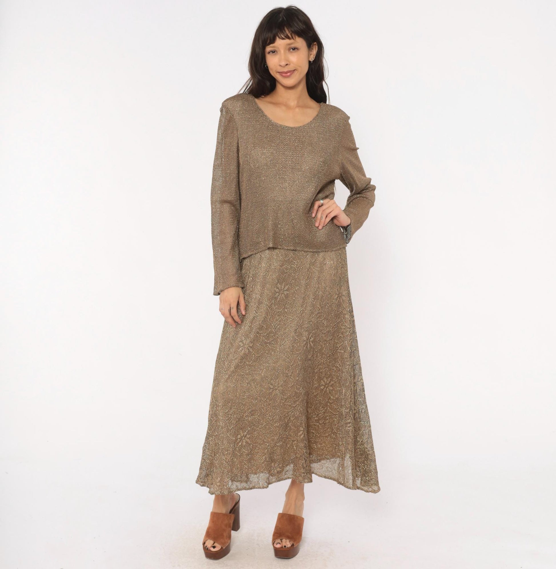 90s Onyx Nite Bronze Metallic Floral Lace Maxi Dress Long Sleeve Large L