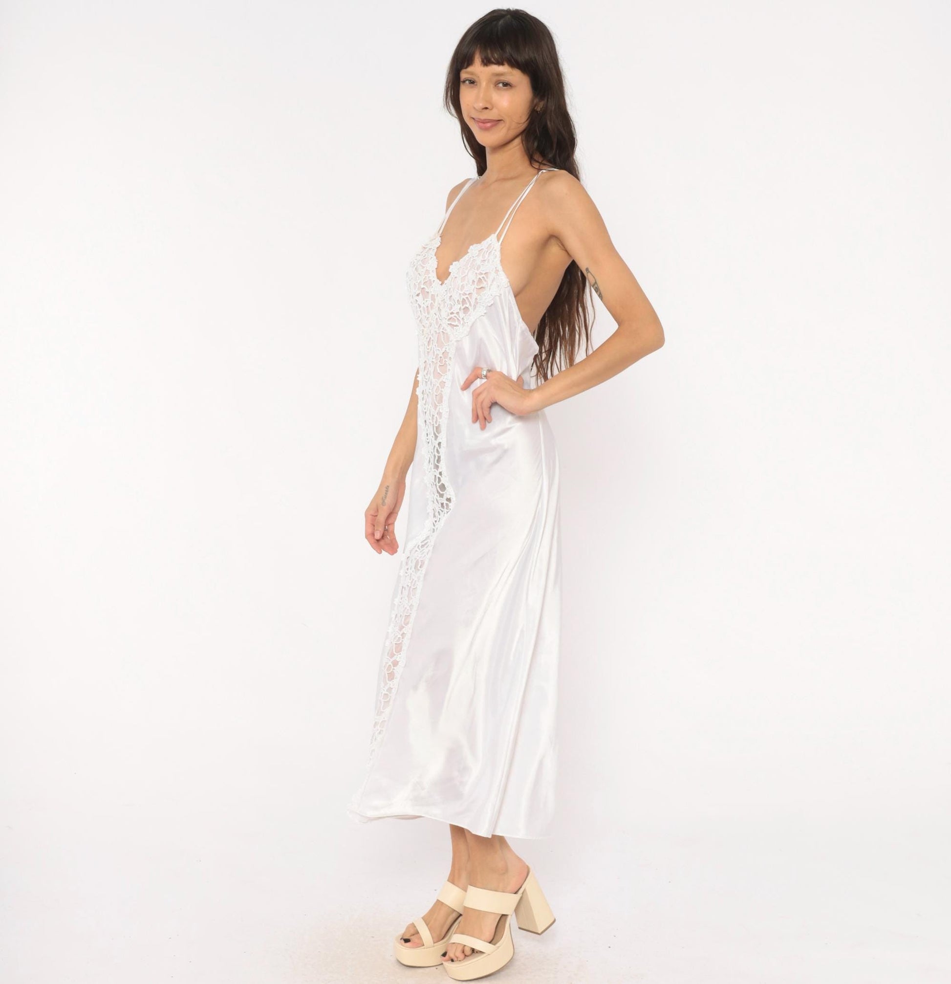 90s Just Flora White Satin Slip Dress Maxi Lace Panel Croquette Lingerie Large L