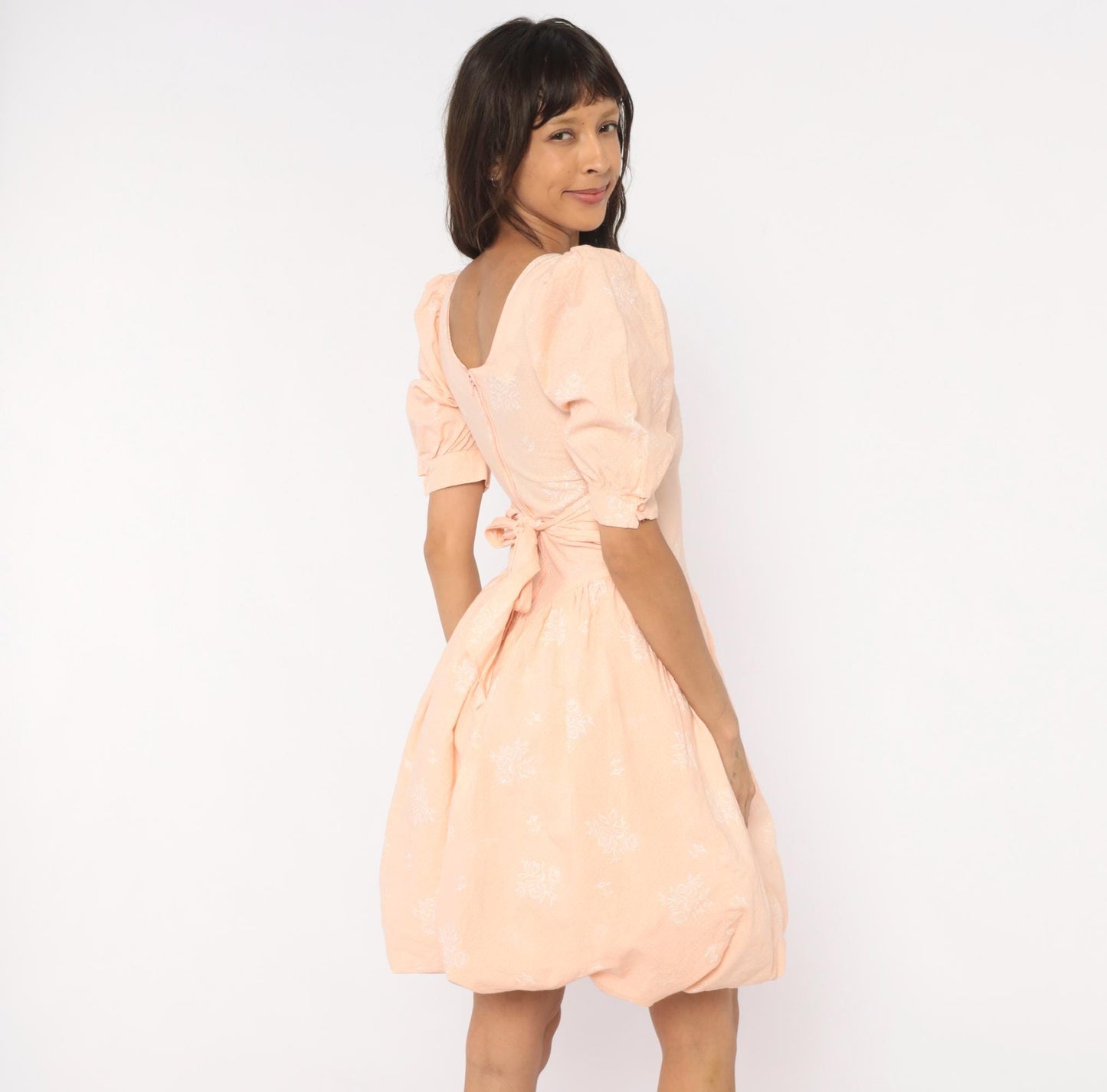 80s J.B.Xpress Puff Sleeve Mini Dress Peach Floral Cotton Basque Waist Extra Small XS