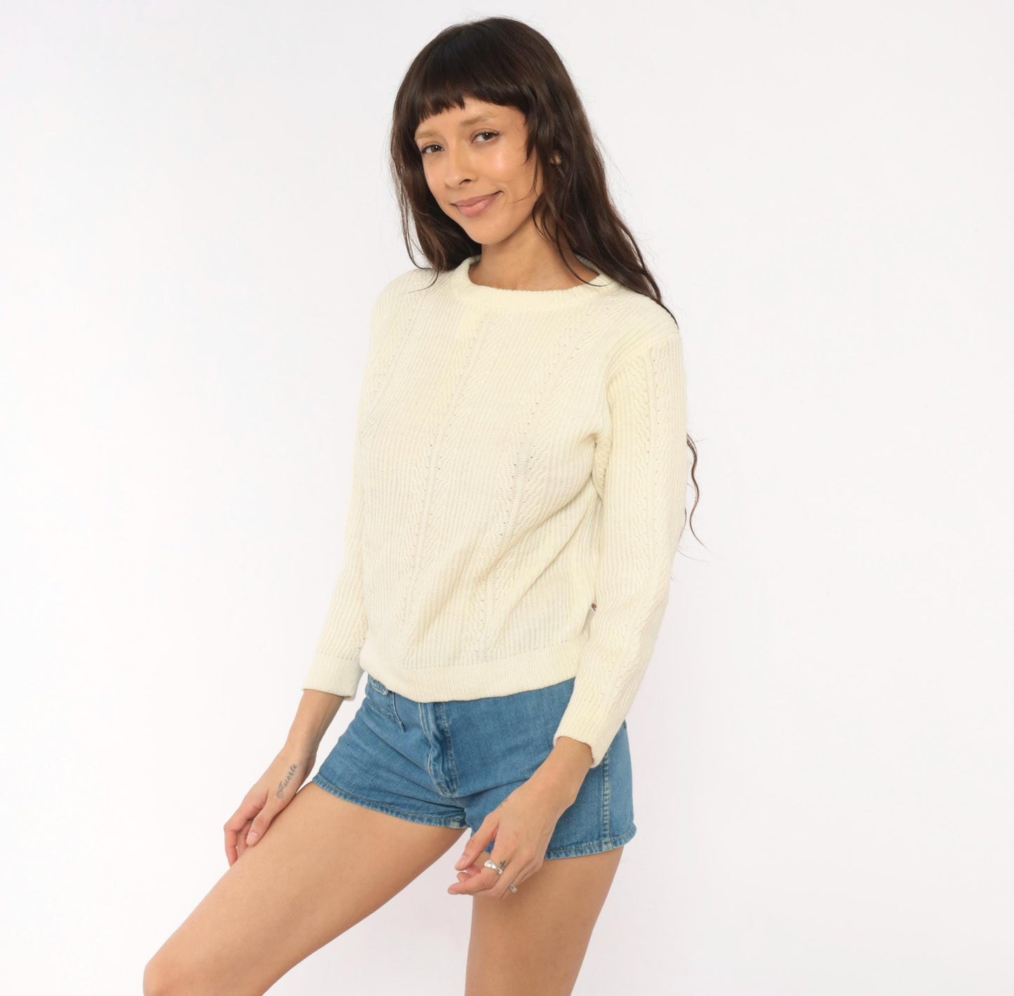 70s Cream Cable Knit Pullover Button Back Three Quarter Sleeve Medium