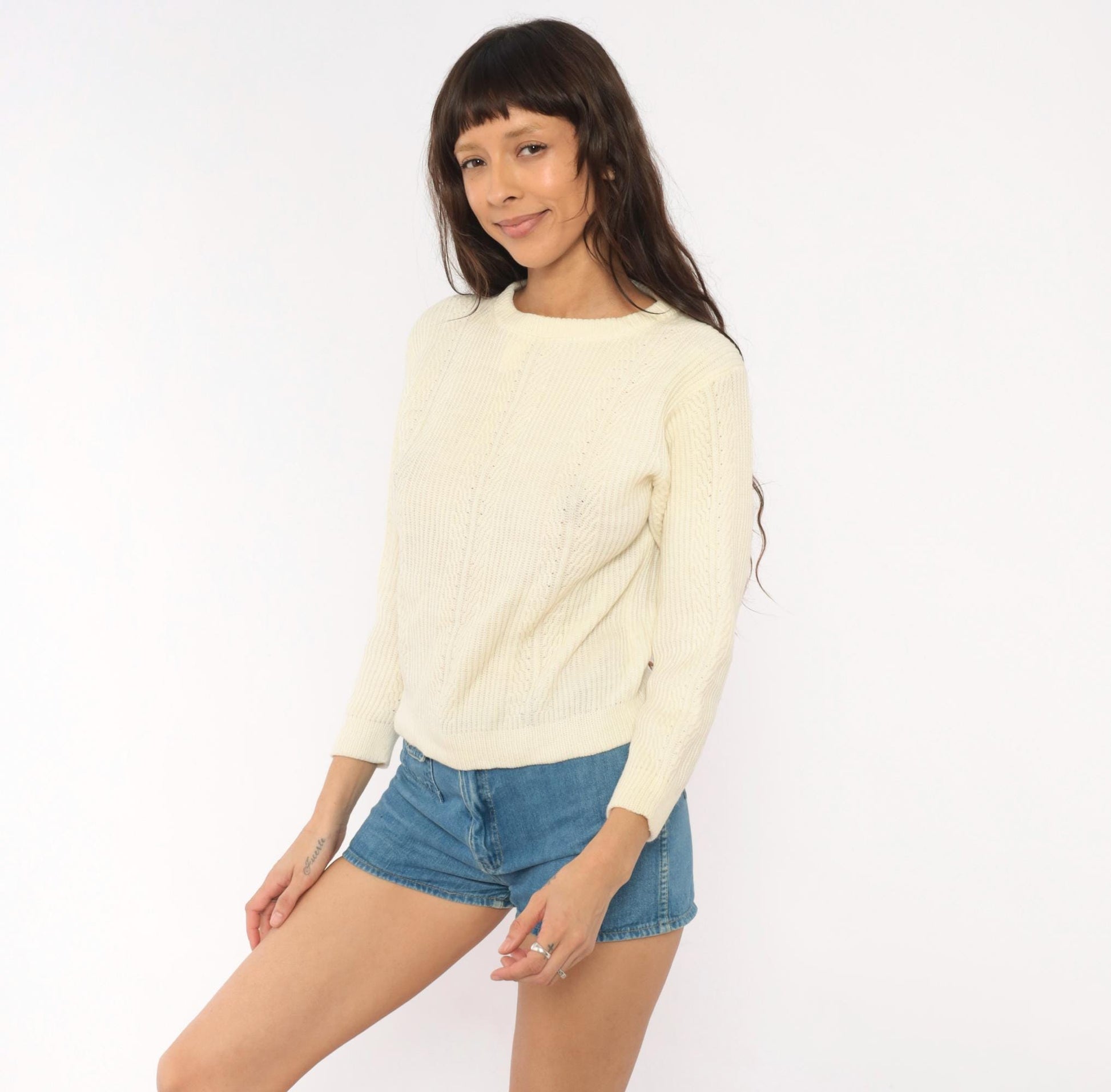 70s Cream Cable Knit Pullover Button Back Three Quarter Sleeve Medium