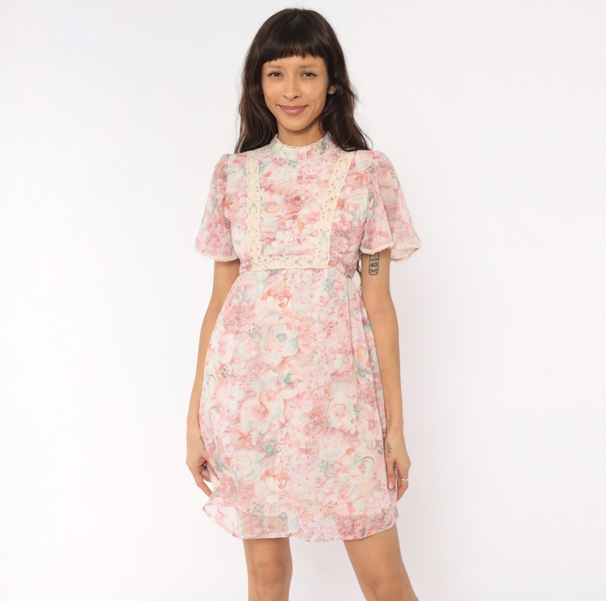 70s R.A.R. Pink Floral Mini Dress Puff Sleeve Crochet Bib Extra Small XS