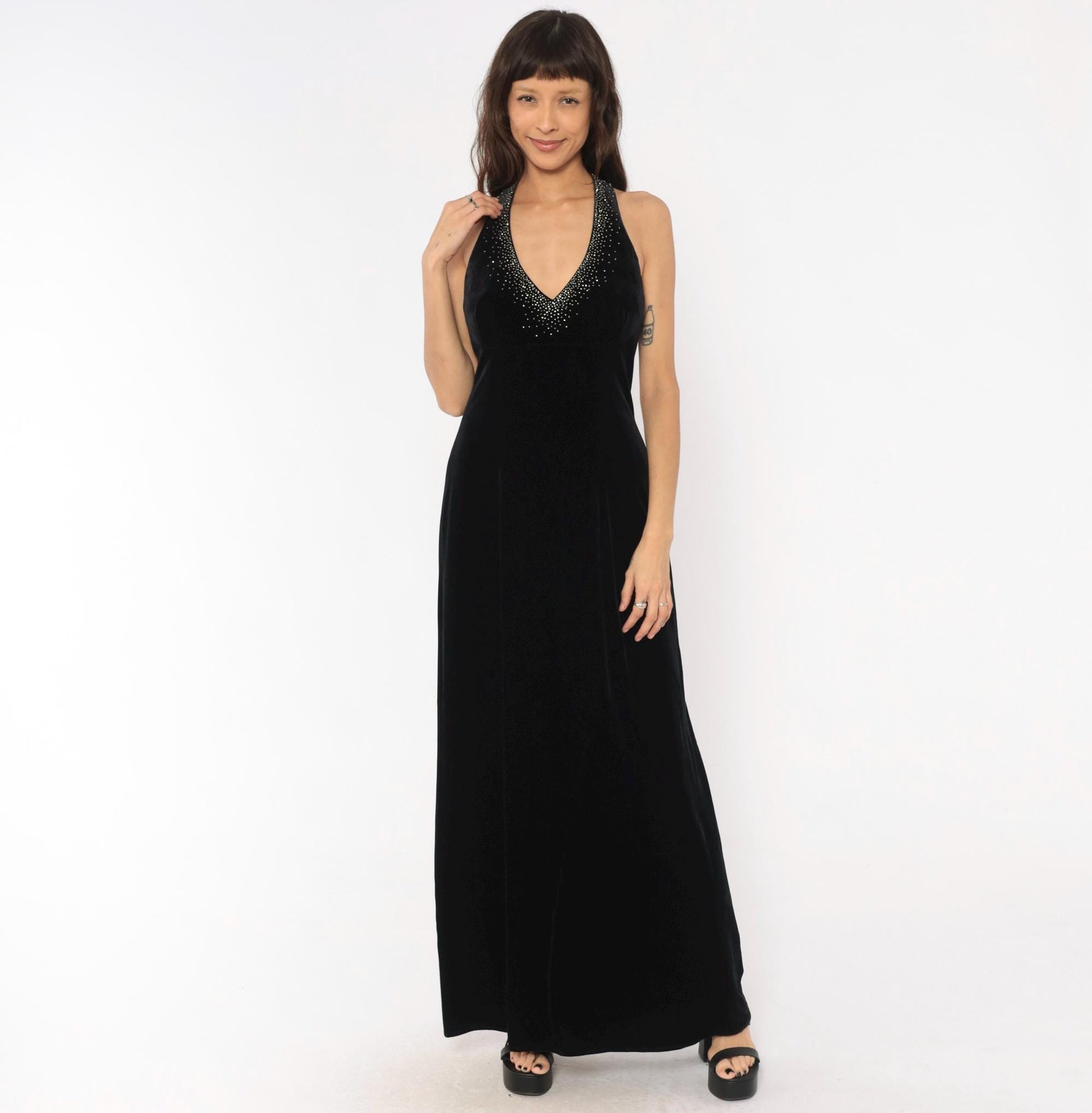 90s Dave & Johnny Black Velvet Halter Maxi Gown Rhinestone Open Back Large L