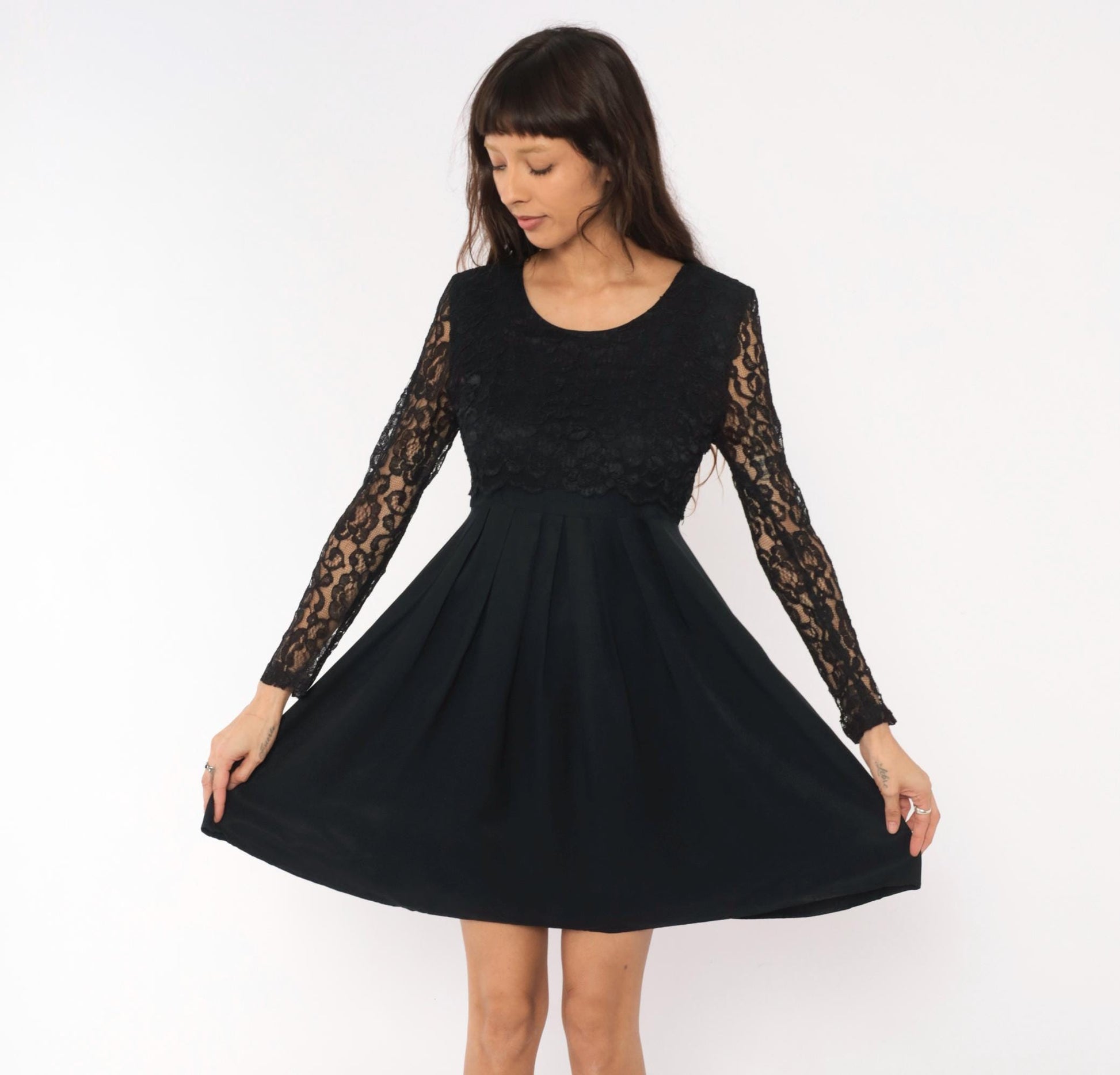 90s Black Lace Dress Floral Sheer Sleeves Pleated Knee-Length Small