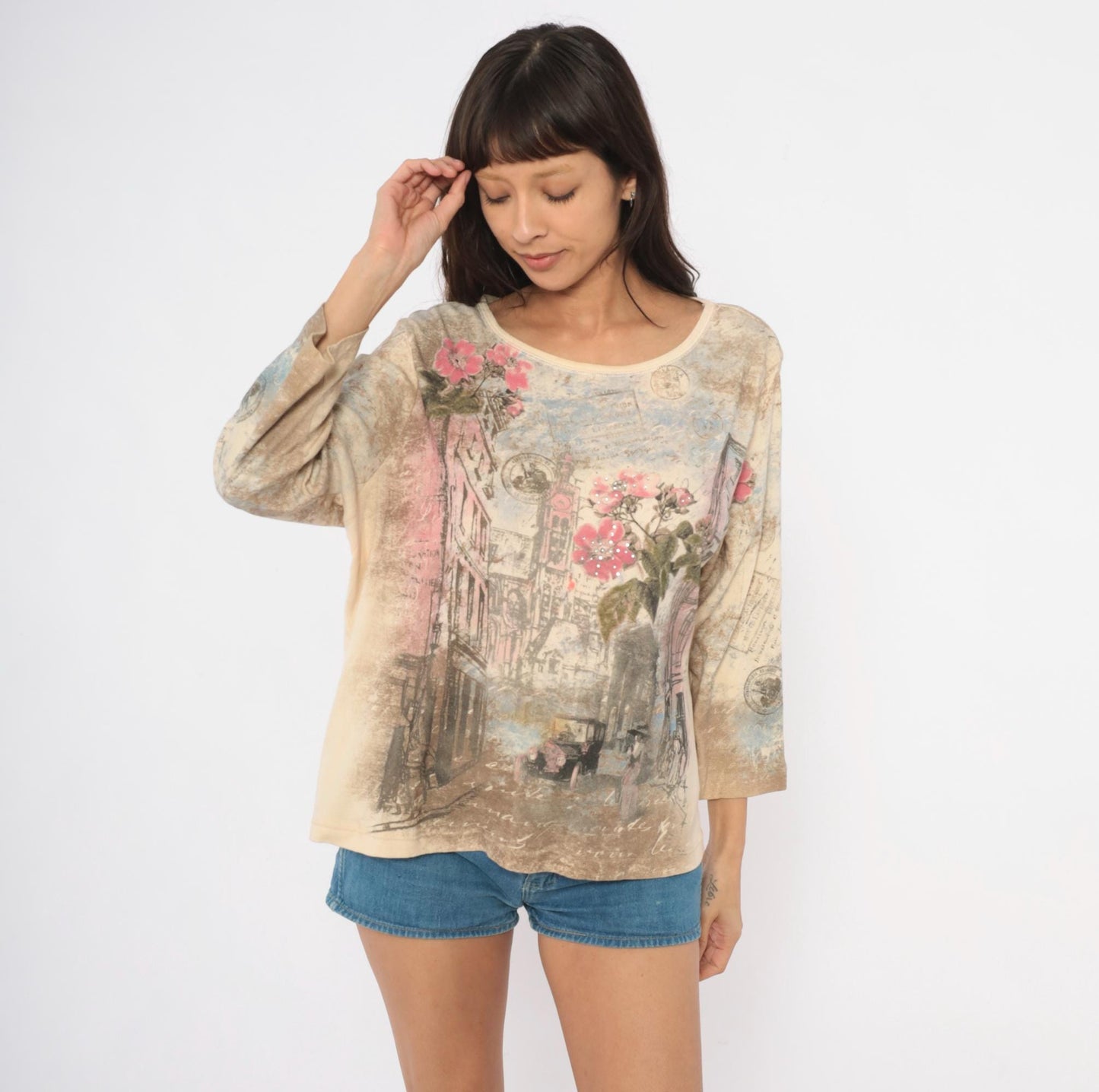 Y2K CJ Banks Parisian Street Scene Graphic Tee Three-Quarter Sleeve Cotton Tan Plus Size 1X