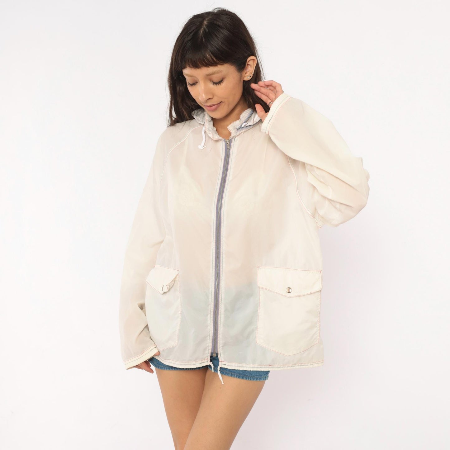 80s White Nylon Windbreaker Hooded Zip Jacket Colour Block Medium