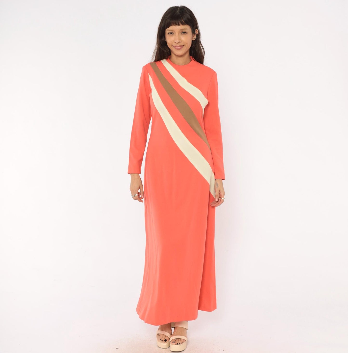 70s Puritan Forever Young Coral Stripe Maxi Dress Mock Neck Medium M