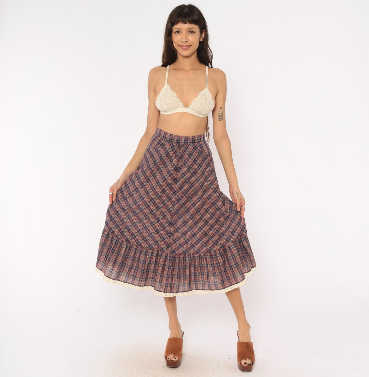 70s Judy Knapp Plaid A-Line Midi Skirt Red Navy Eyelet Lace Ruffle Small
