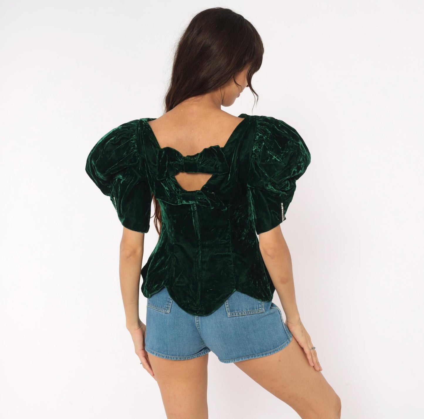 90s Emerald Crushed Velvet Puff Sleeve Blouse Forest Green Rhinestone Bow Back Small S