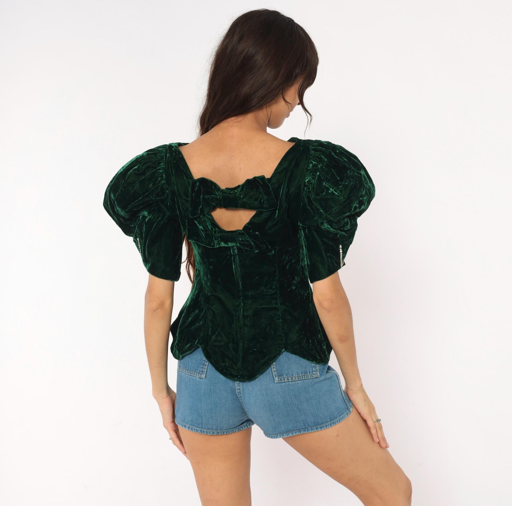 90s Emerald Crushed Velvet Puff Sleeve Blouse Forest Green Rhinestone Bow Back Small S