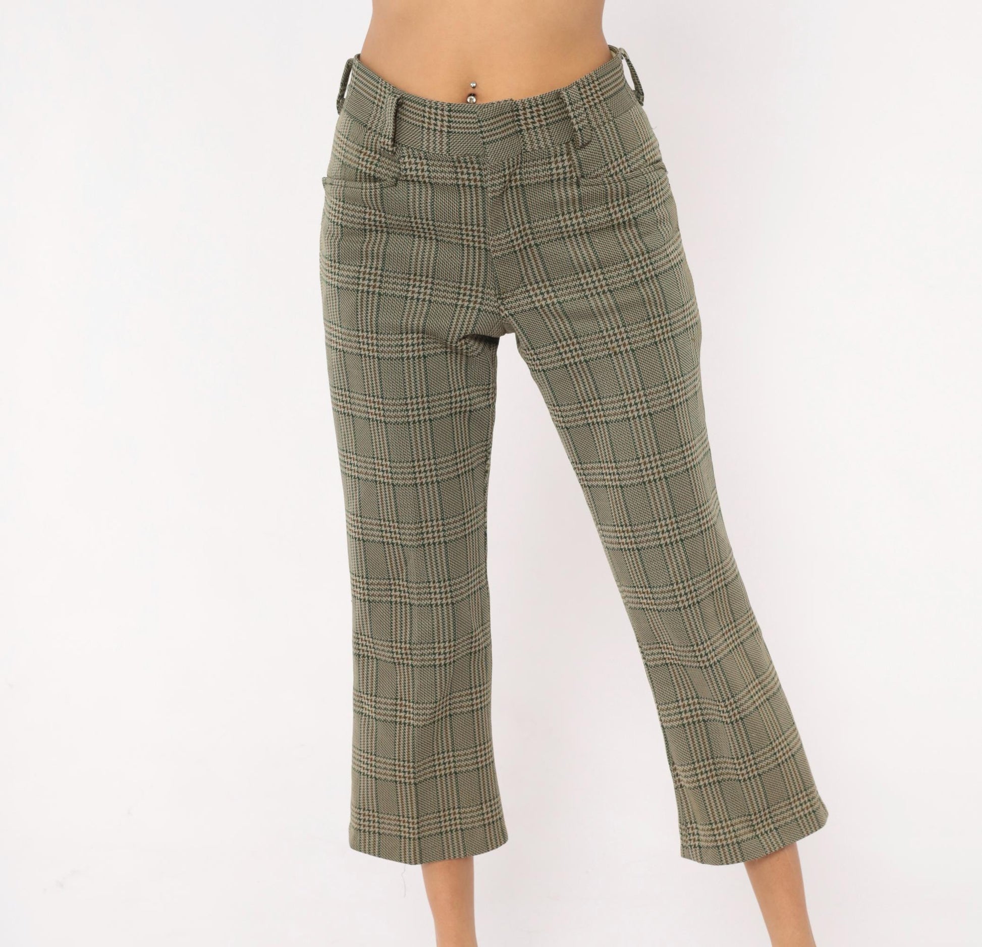 70s Chess Man Glen Plaid Cropped Flare Trousers Olive Tan Extra Small XS