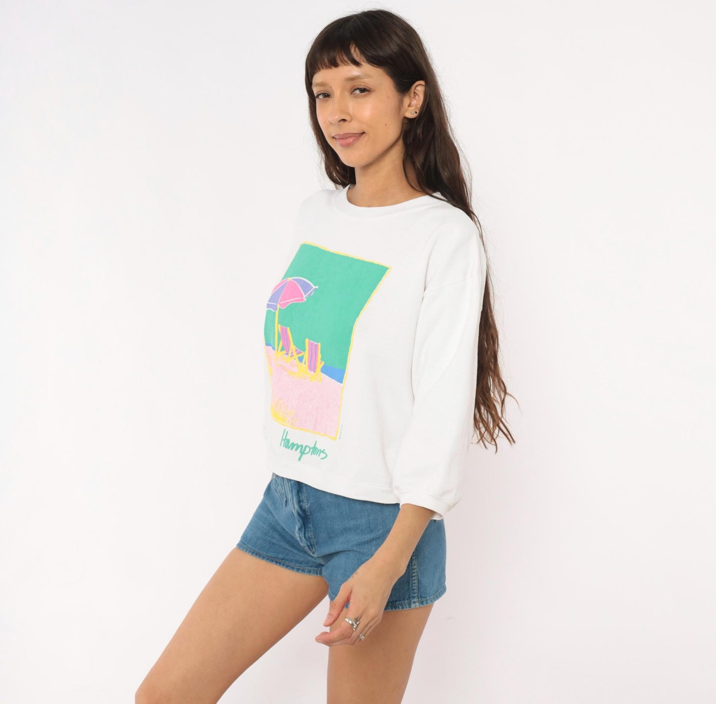 90s Anvil Hamptons Beach Sweatshirt White Pastel Graphic Cropped Medium M