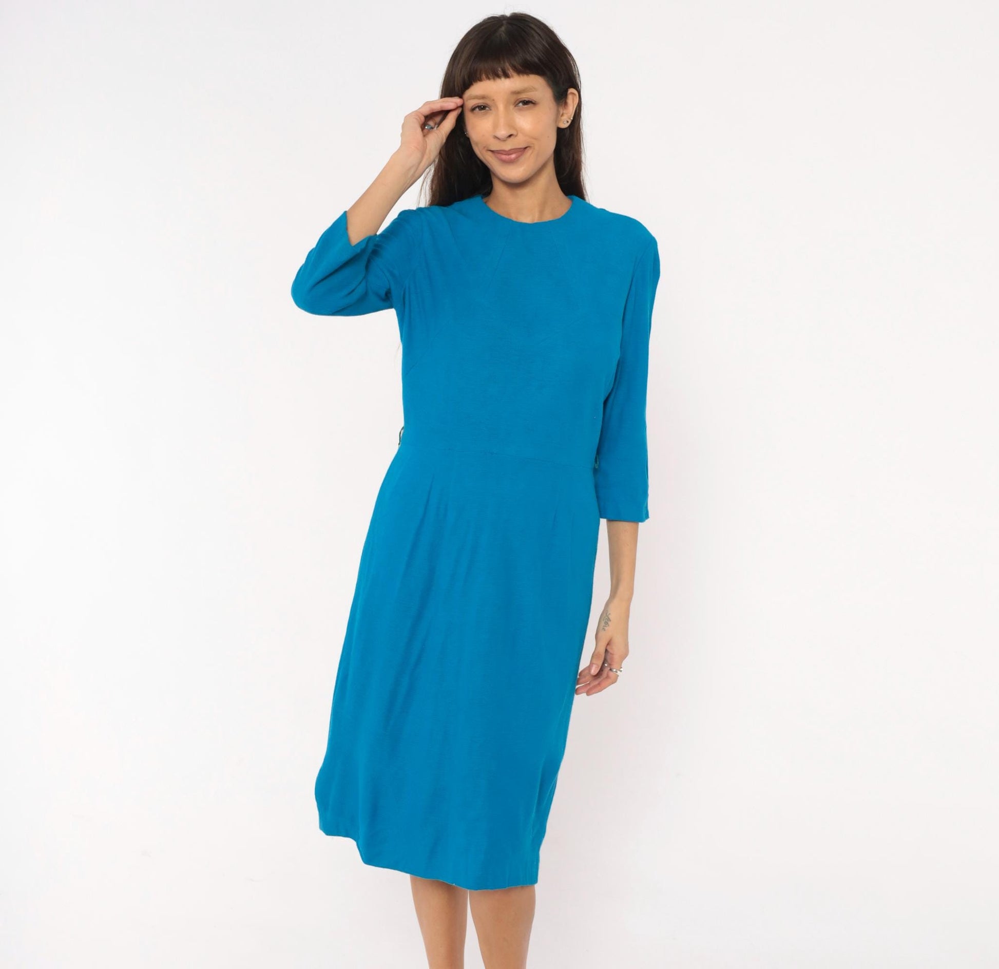 60s Cerulean Blue Sheath Dress Three Quarter Sleeve Chevron Mod Medium M